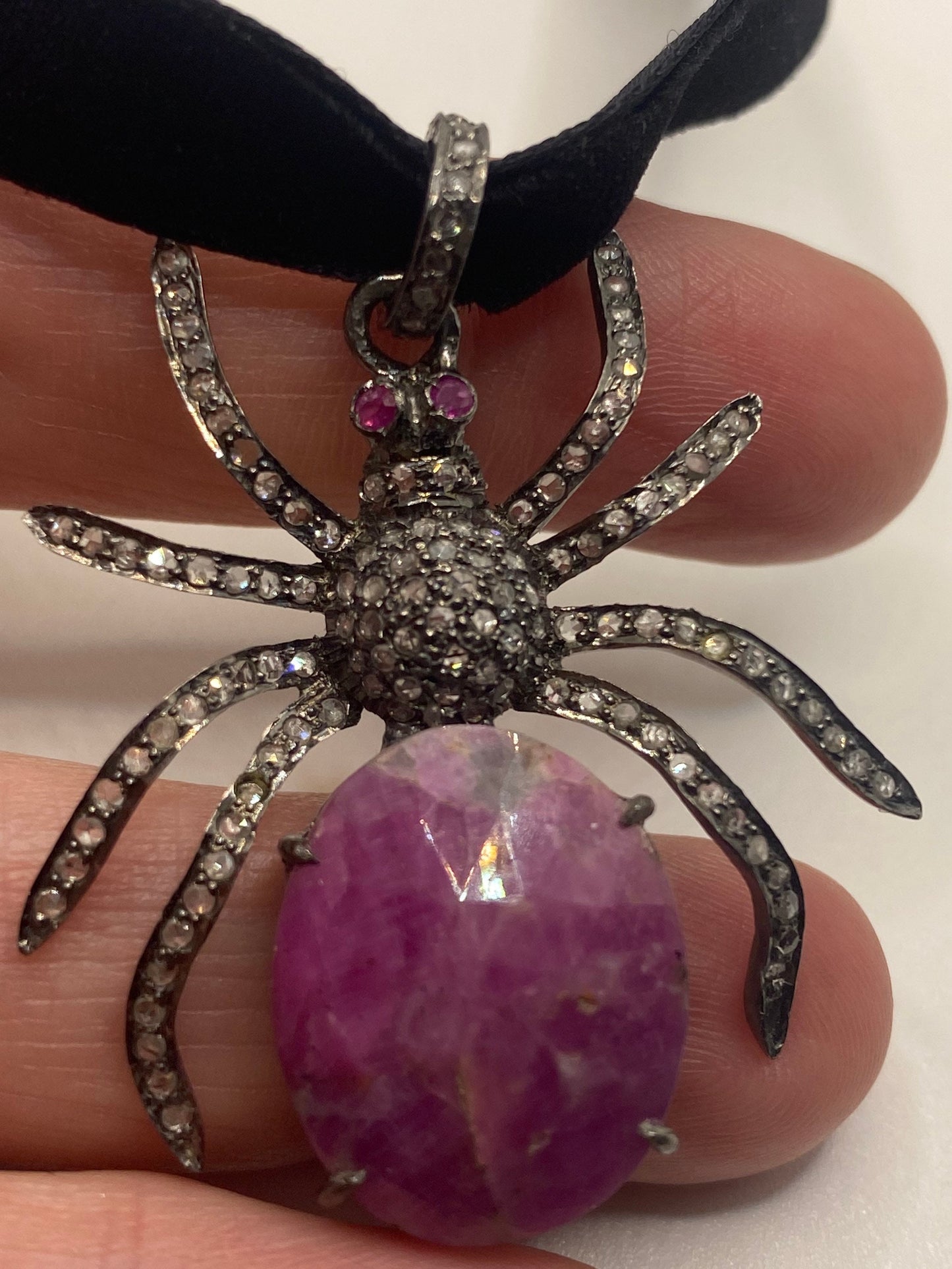 Vintage Diamond Spider Choker 925 Sterling Silver Pink Ruby Pendant