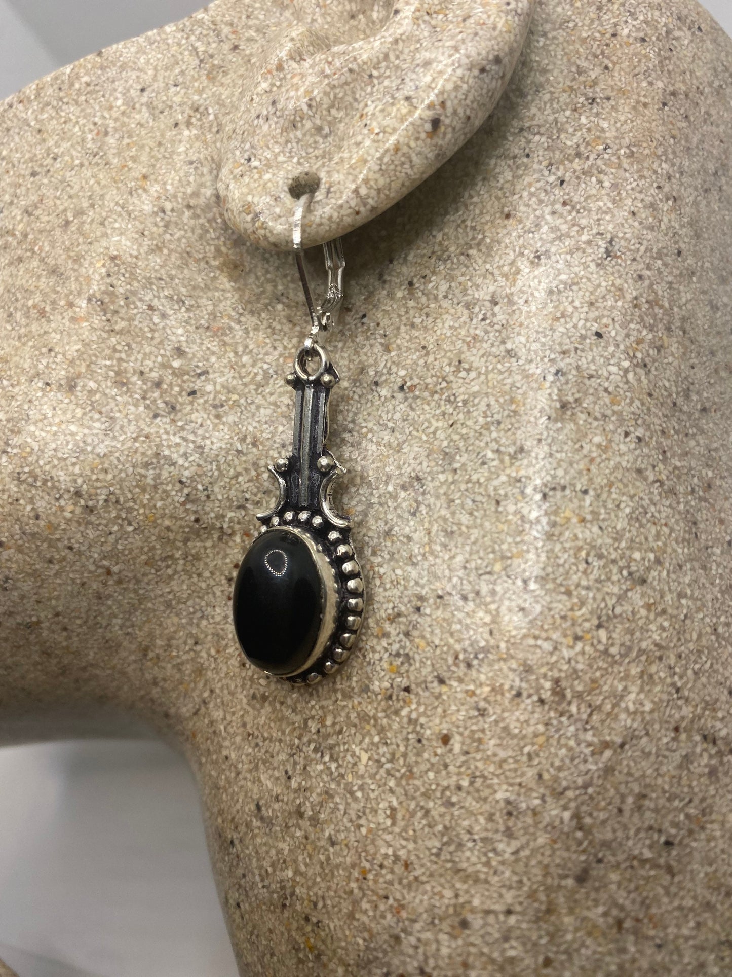 Vintage Black Onyx Earrings 925 Sterling Silver Deco Dangle Chandelier