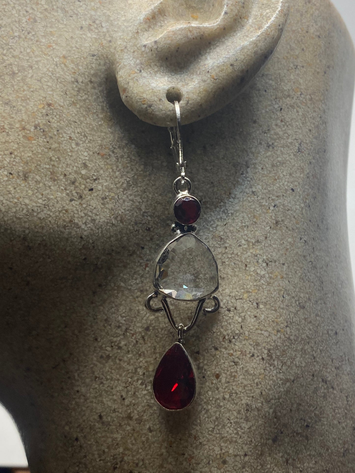 Vintage Red Ruby Glass clear quartz earrings 925 Sterling Silver Leverback