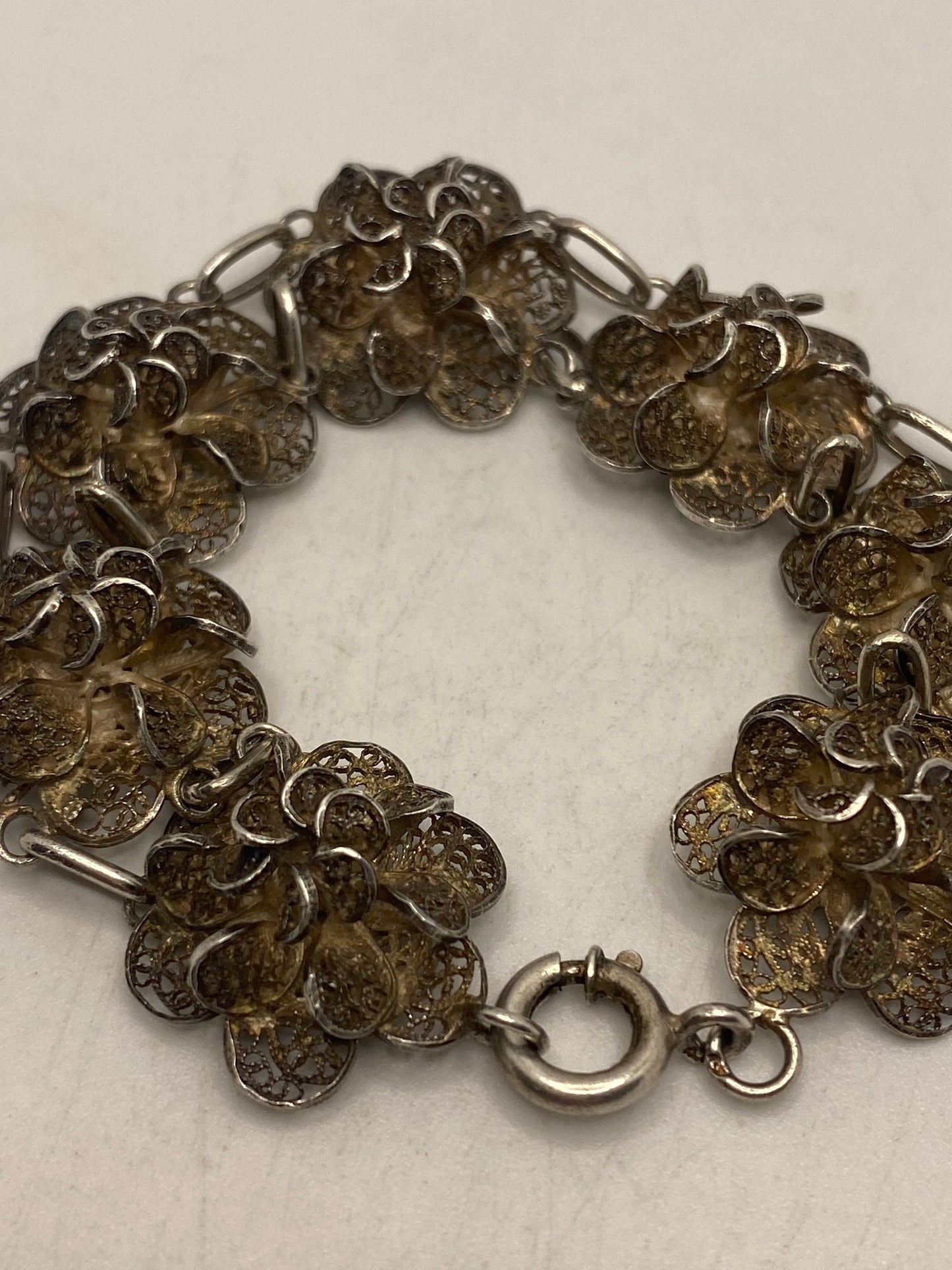 Vintage 925 Sterling Silver Filigree Flower Bracelet
