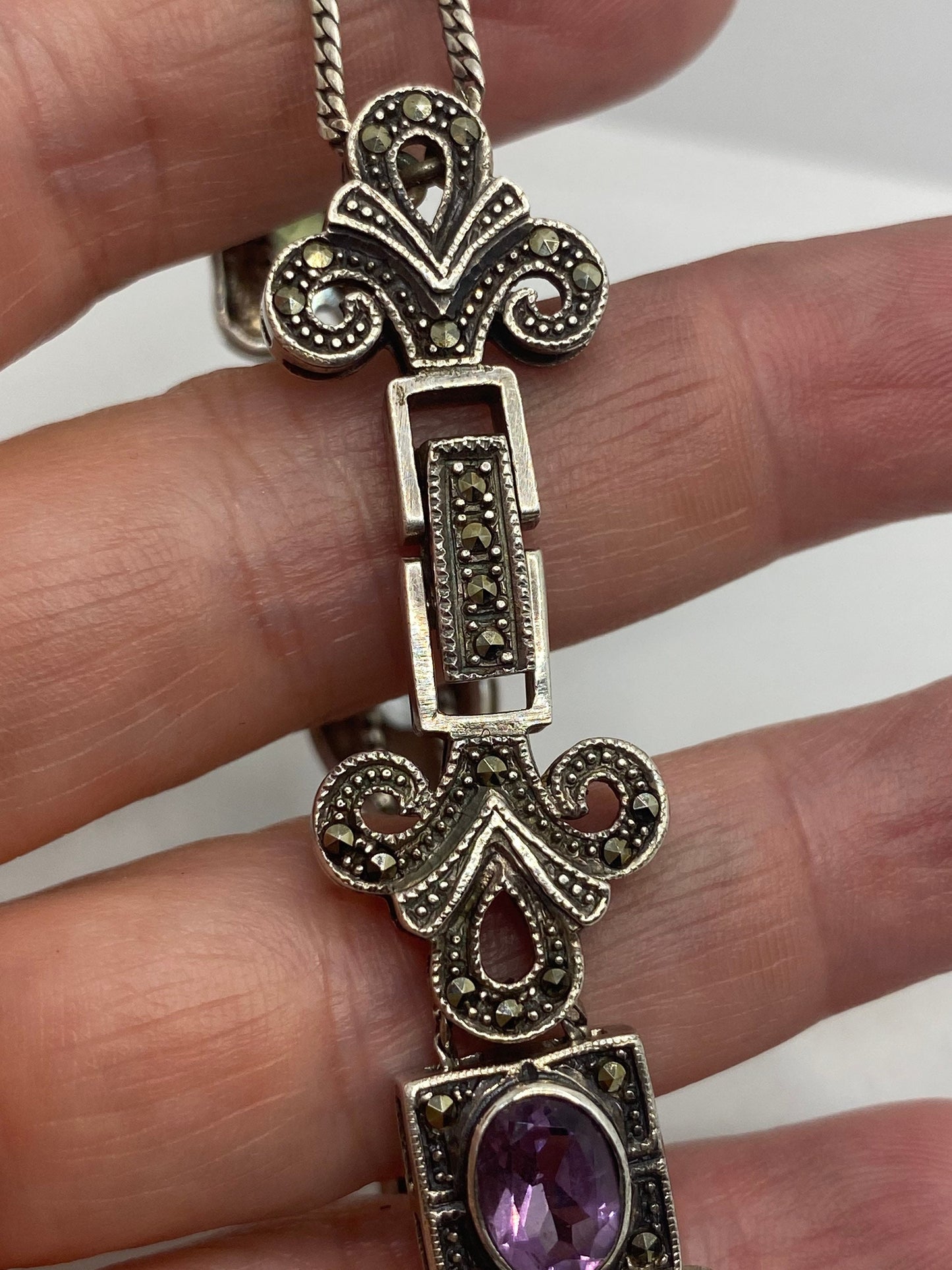 Marcasite Bracelet in 925 Sterling Silver Vintage Slide Charm 7.5 Inch
