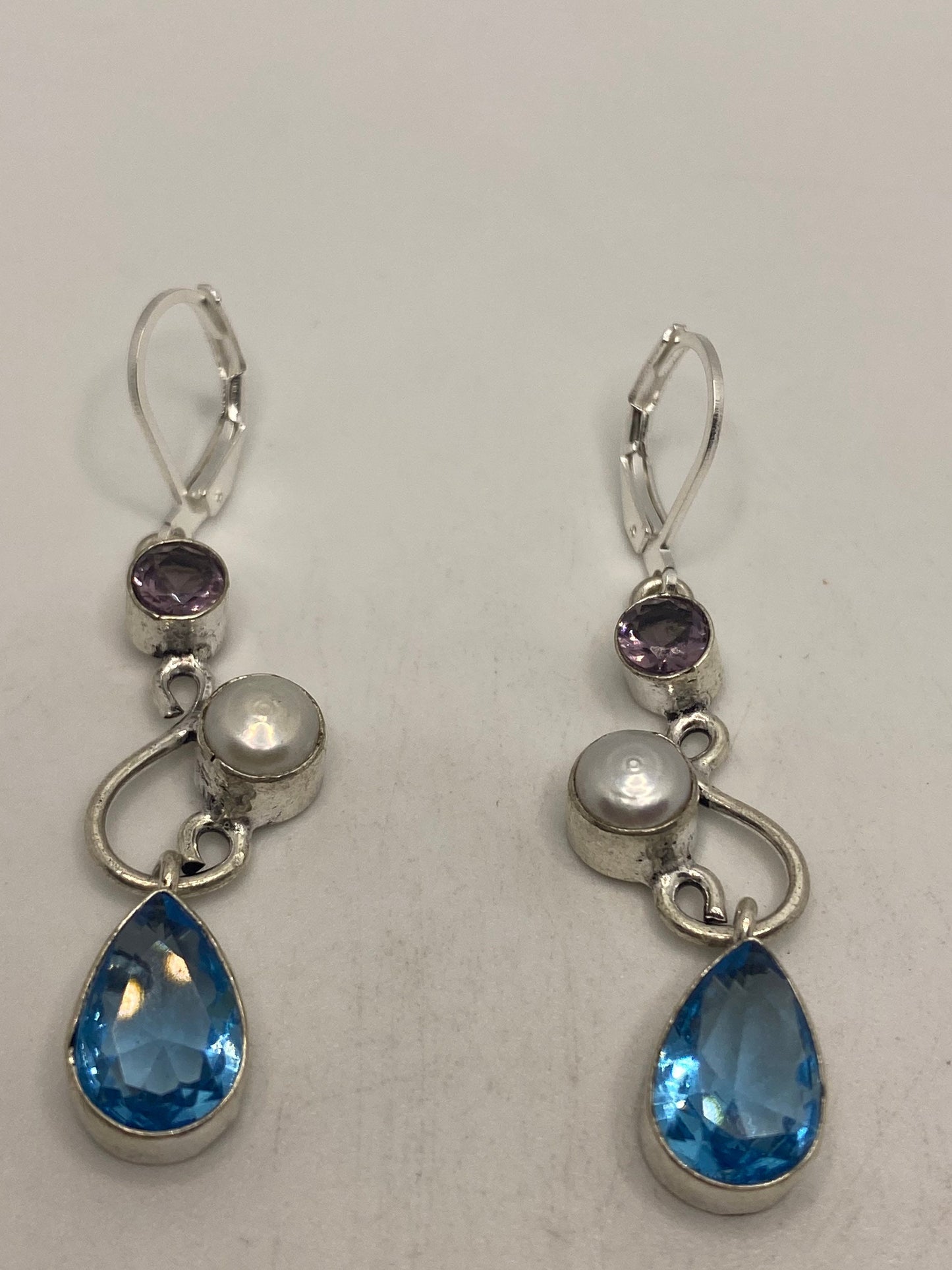 Vintage Blue Topaz LeverBack Earrings 925 Sterling Silver Dangle