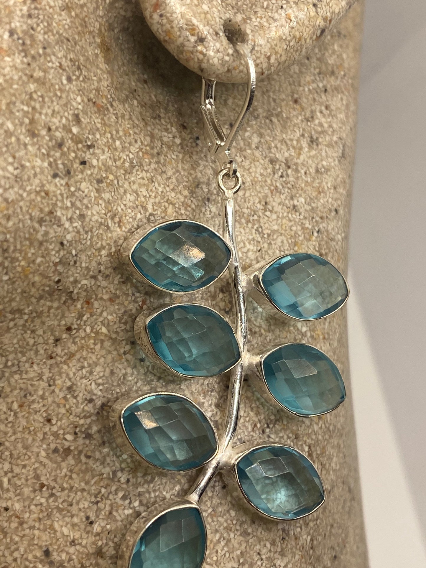 Antique Vintage Aqua Blue Volcanic Glass Silver Dangle Earrings