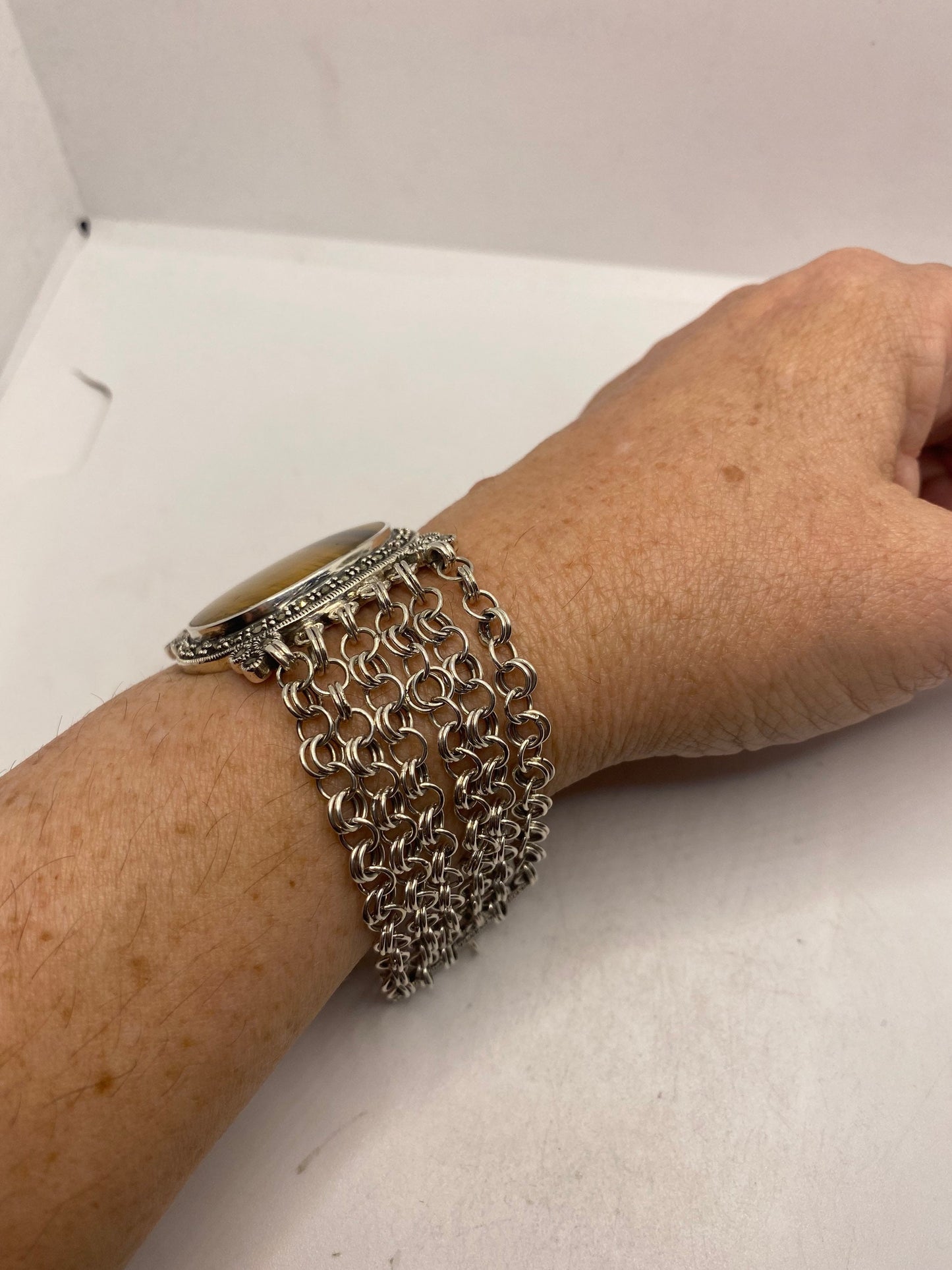 Vintage Tigers Eye 925 Sterling Silver Marcacite Filligree Bracelet