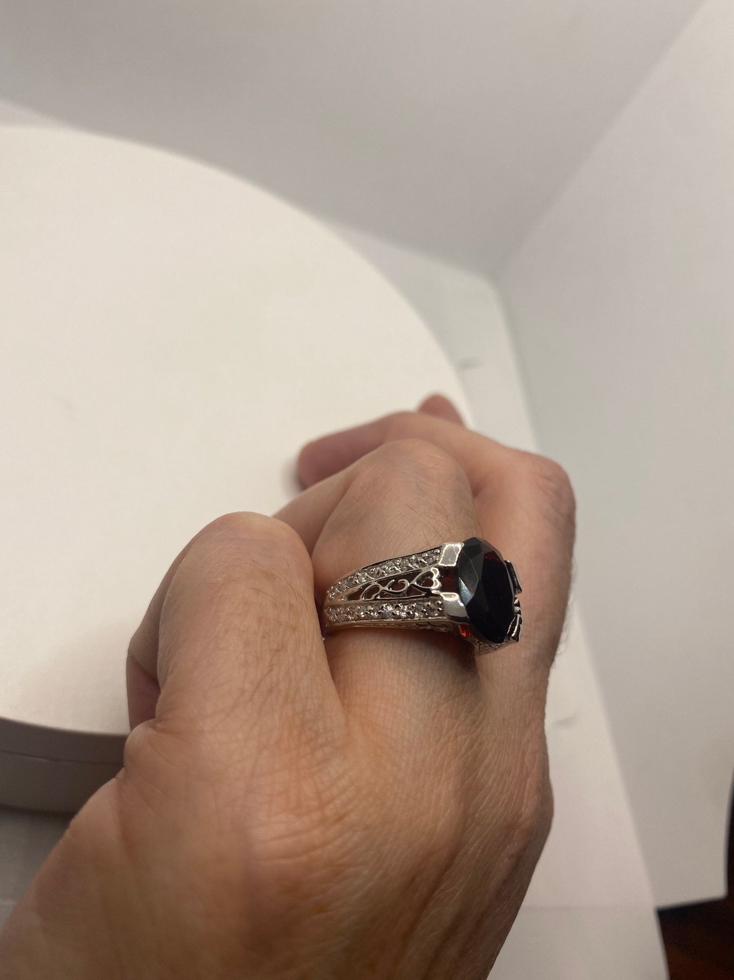 Vintage Red Bohemian Garnet Ring 925 Sterling Silver Cocktail Statement