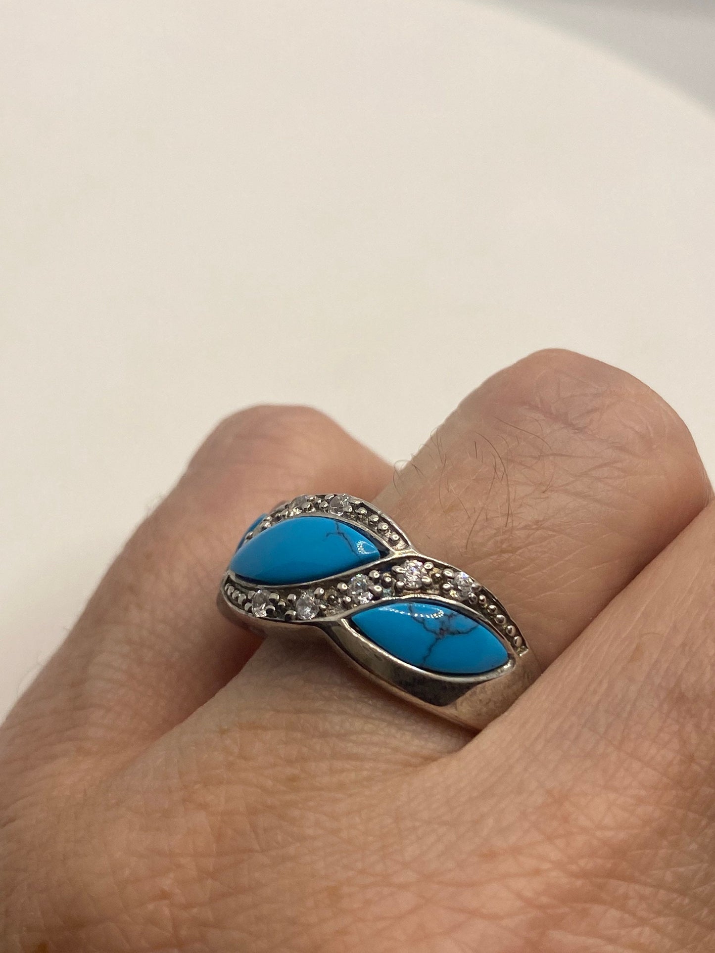 Vintage Pursian Turquoise and White Sapphire Gemstone 925 Sterling Silver Ring