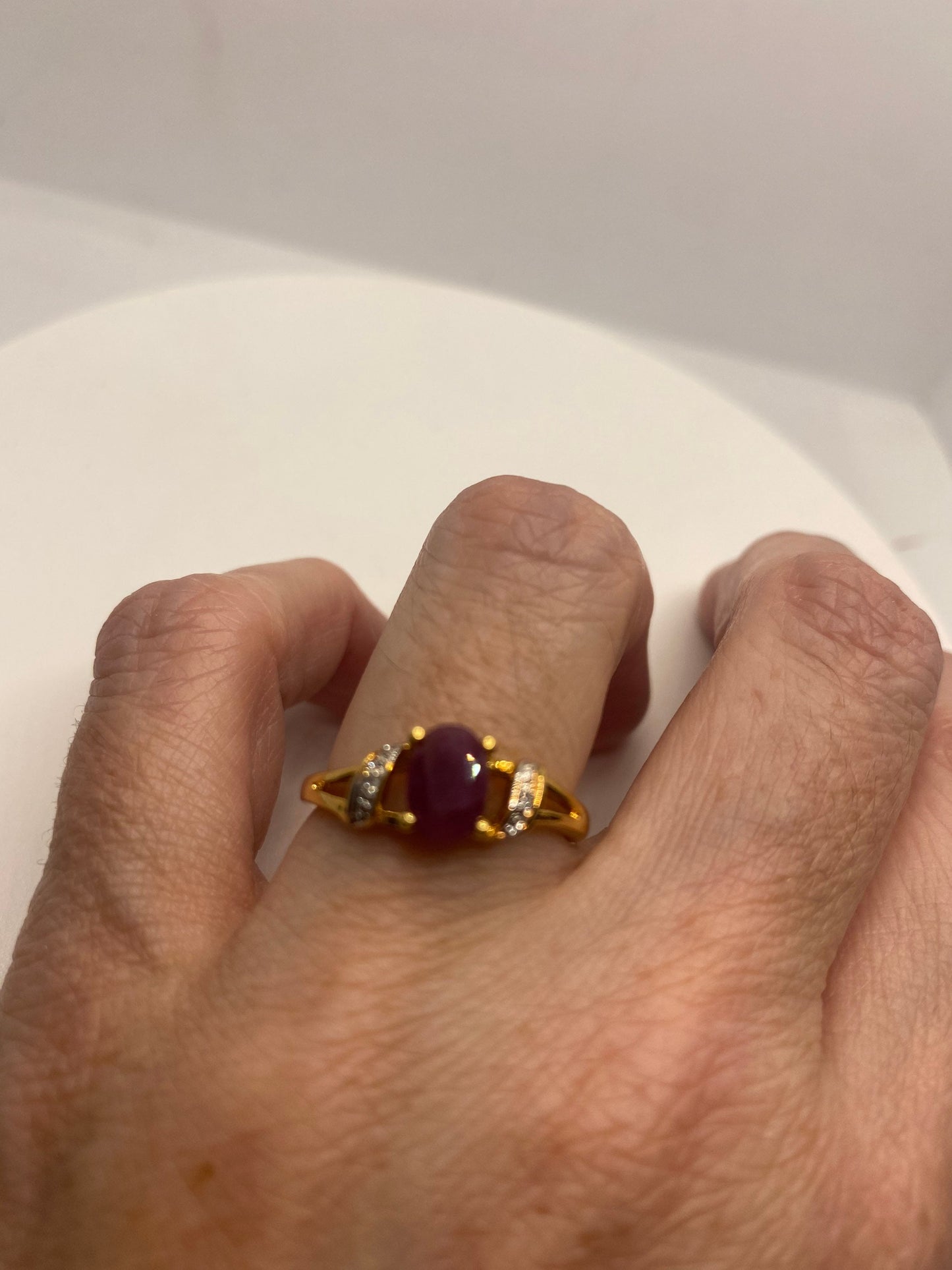 Vintage Pink Ruby Golden 925 Sterling Silver Band Ring