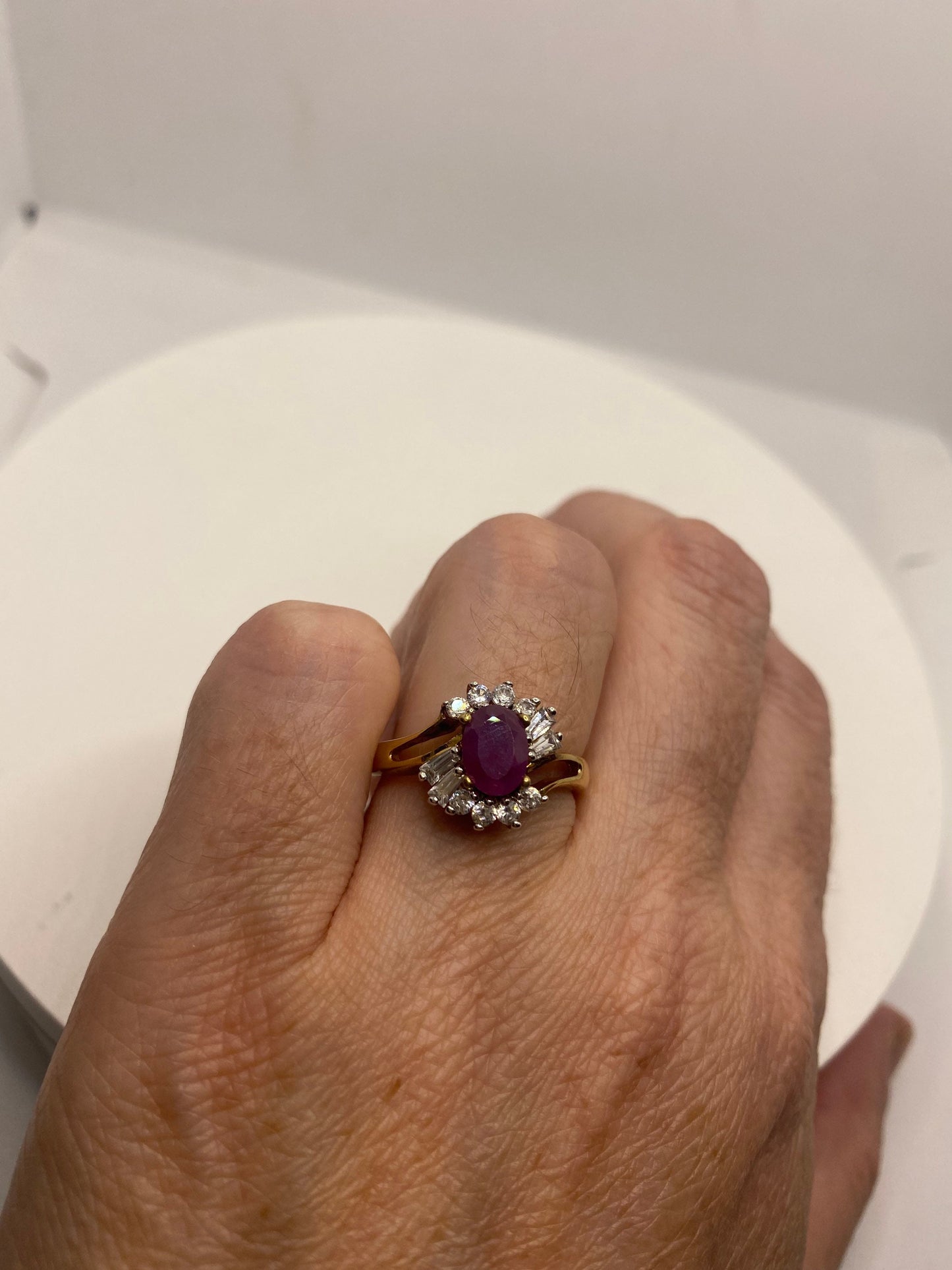 Vintage Pink Ruby Golden 925 Sterling Silver Band Ring