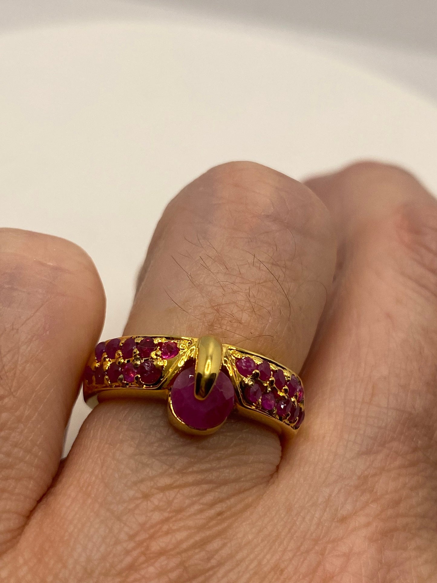 Vintage Pink Ruby Golden 925 Sterling Silver Band Ring