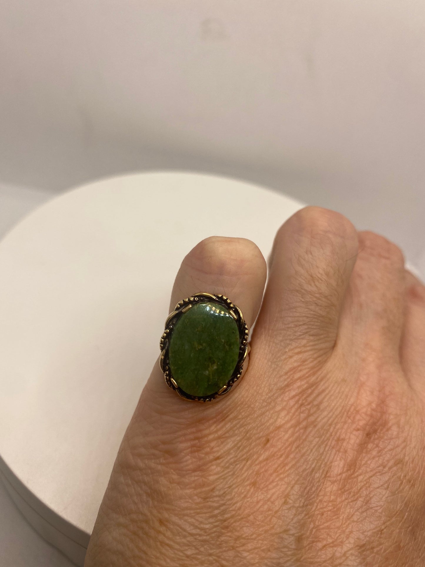 Vintage Lucky Green Nephrite Jade Ring Gold Filled