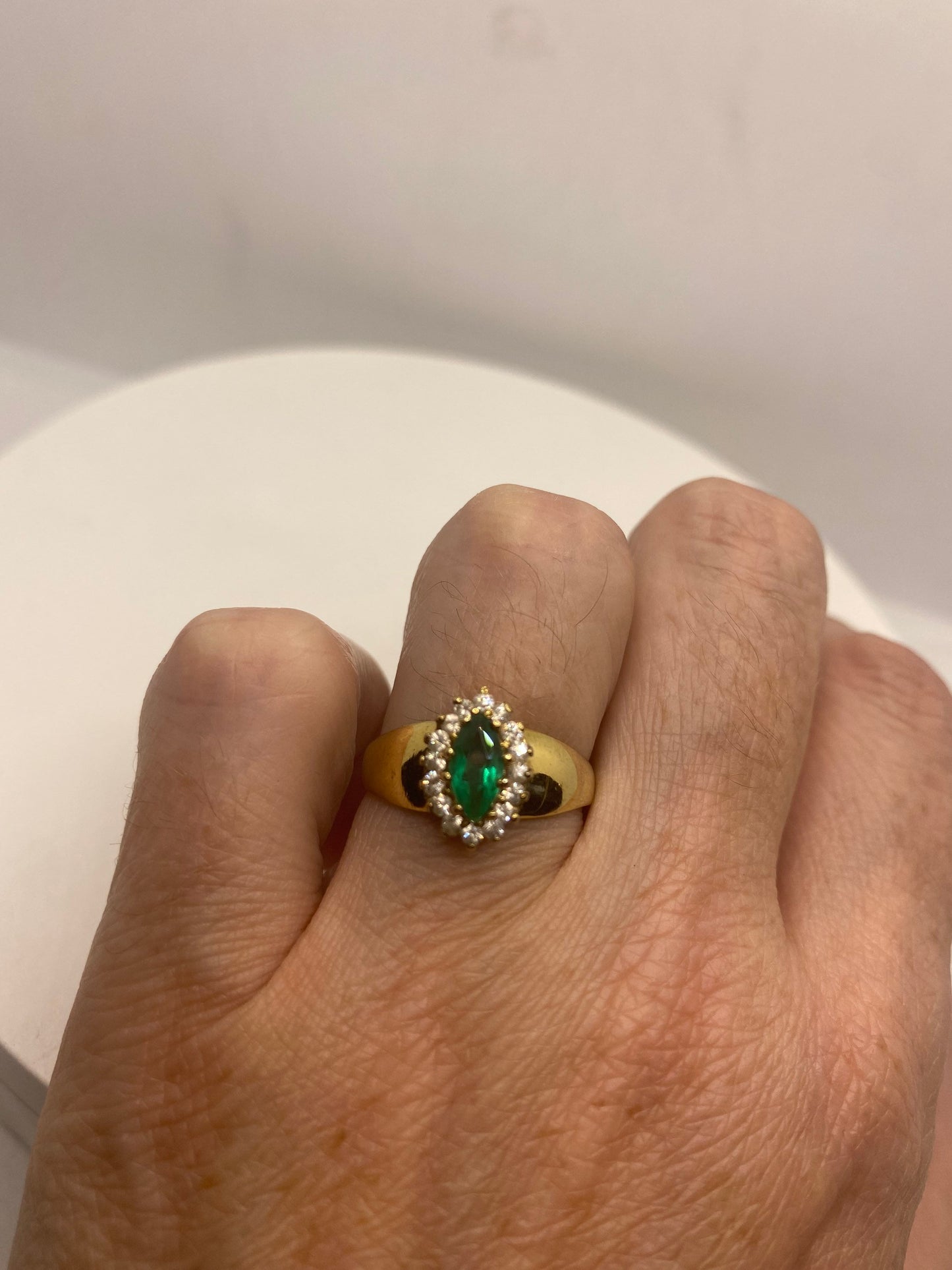 Vintage Green Flourite White Sapphire Golden 925 Sterling Silver Ring