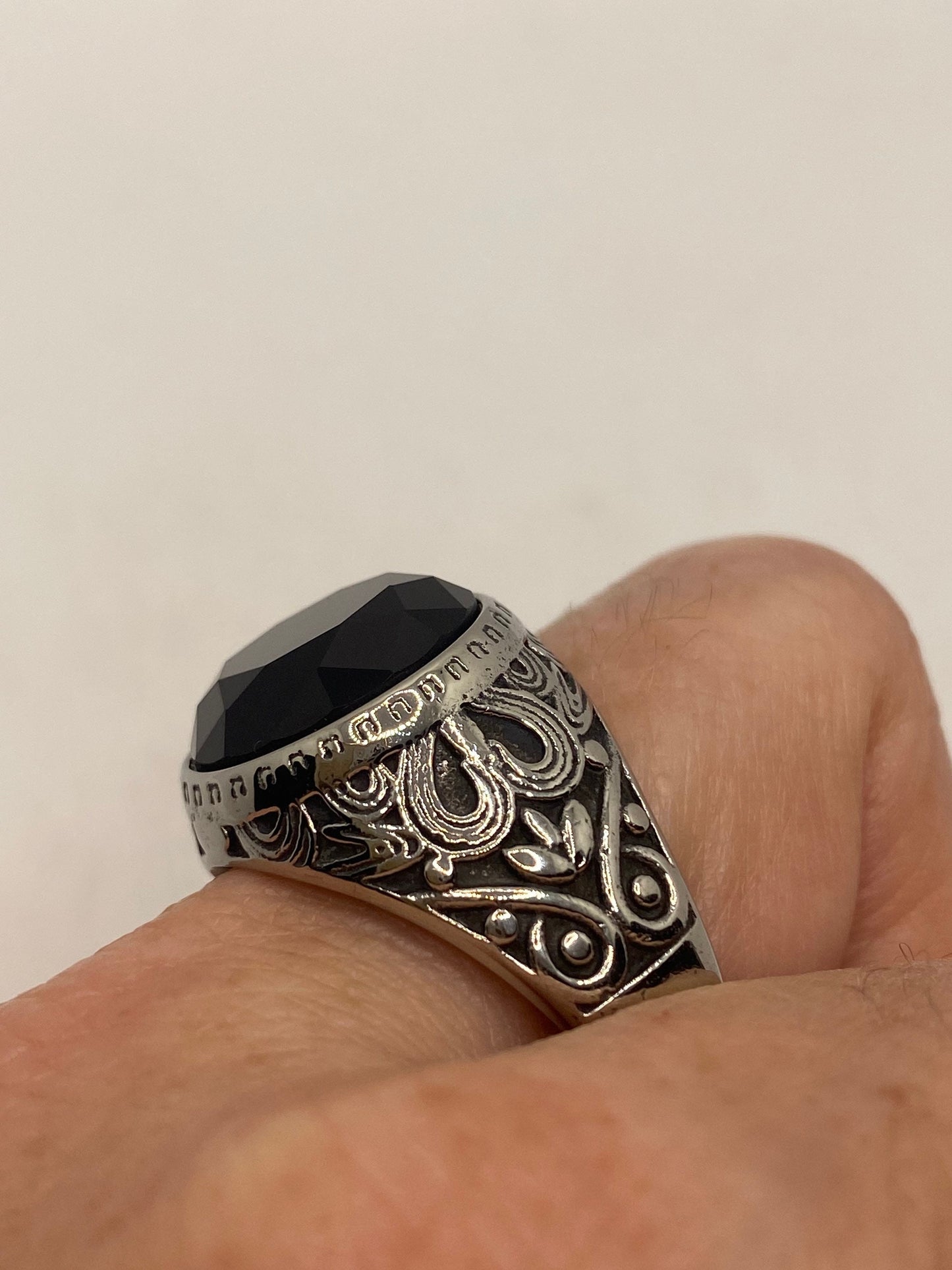 Vintage Stainless Steel Black Onyx Ring Size 12