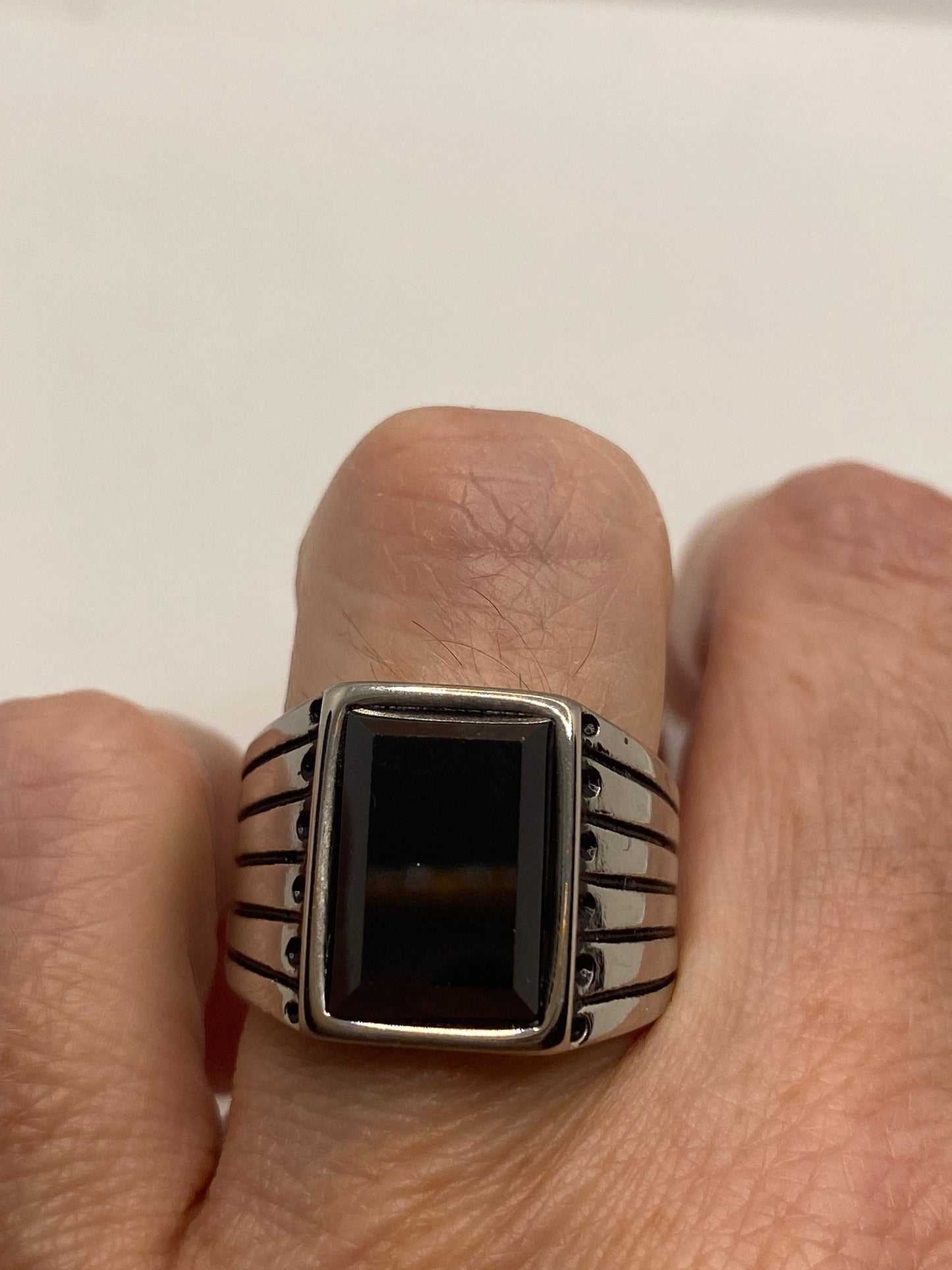 Vintage Stainless Steel Black Onyx Ring Size 7