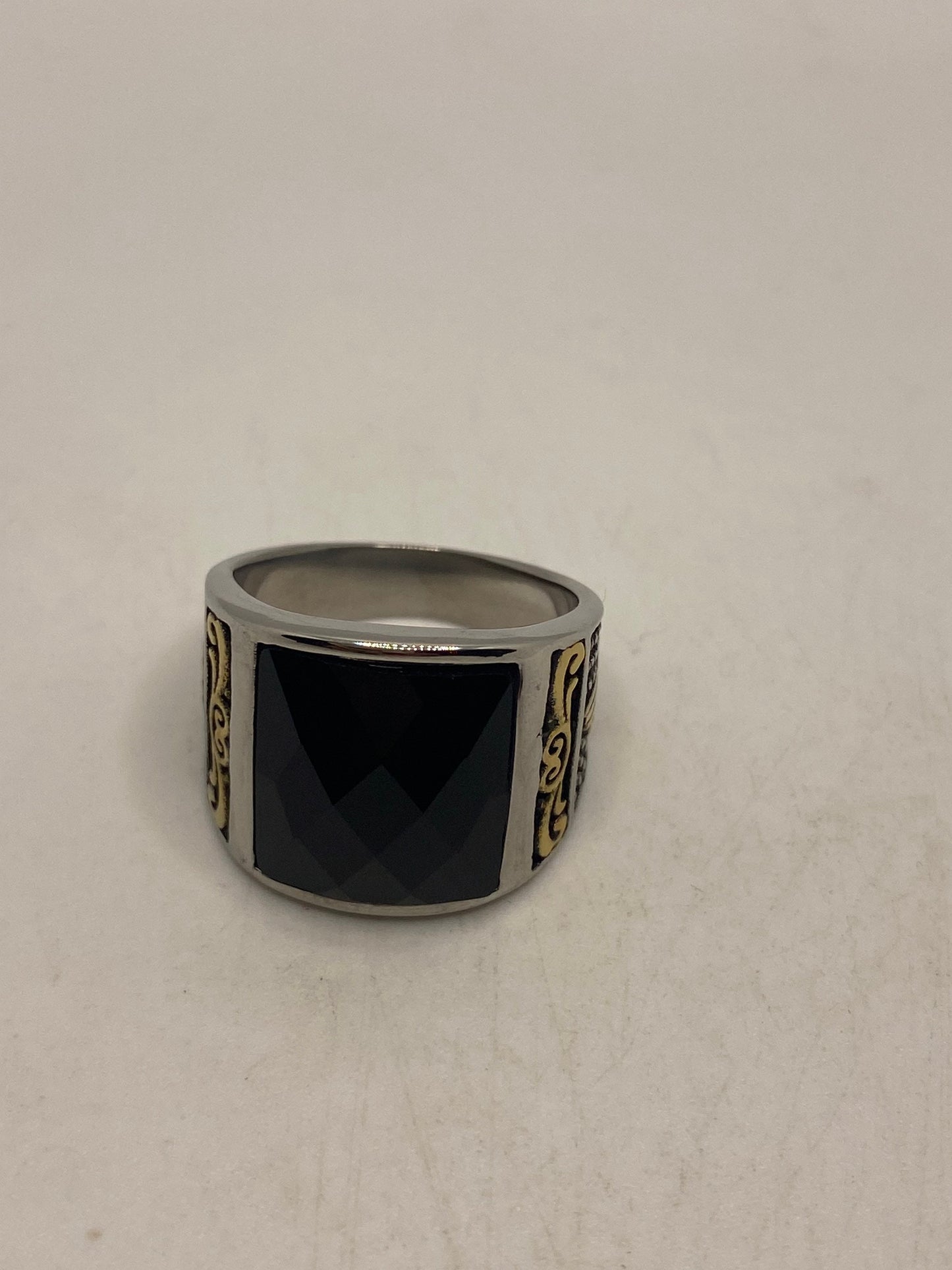 Vintage Stainless Steel Black Onyx Ring Size 9