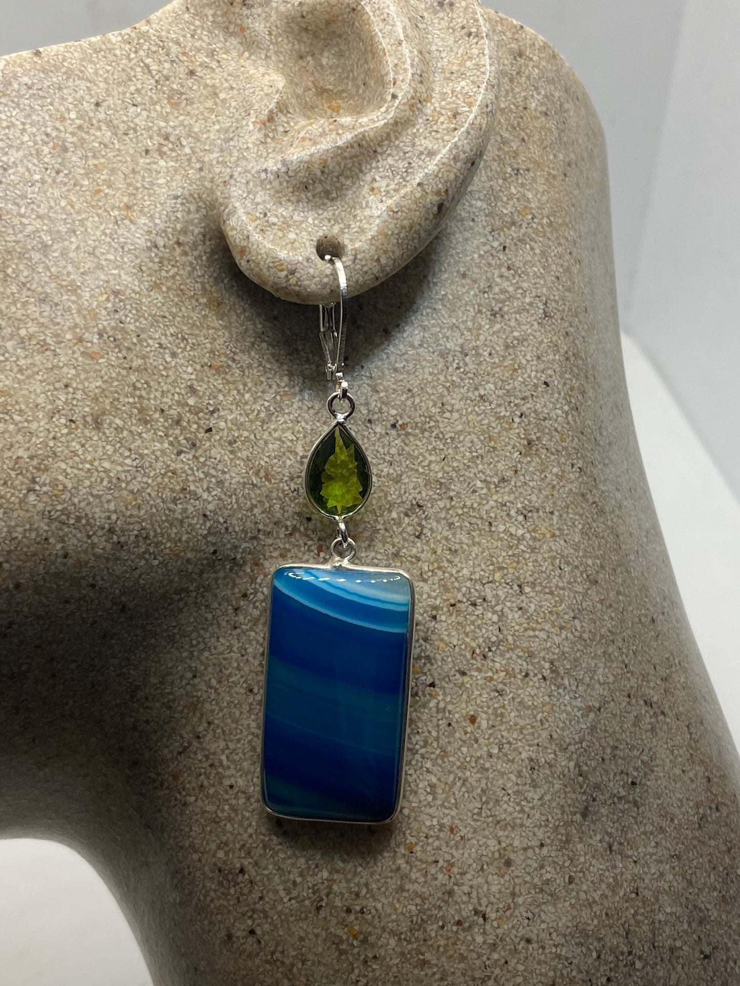 Vintage Blue Agate Chalcedony Peridot Sterling Silver Lever Back Chandelier Earrings