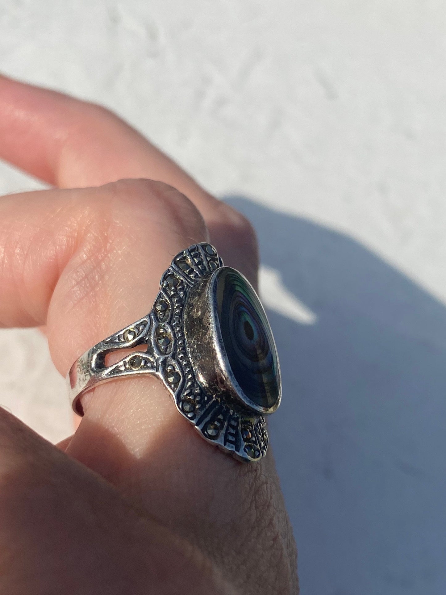 Antique Green Abalone Marcasite 925 Sterling Silver Ring