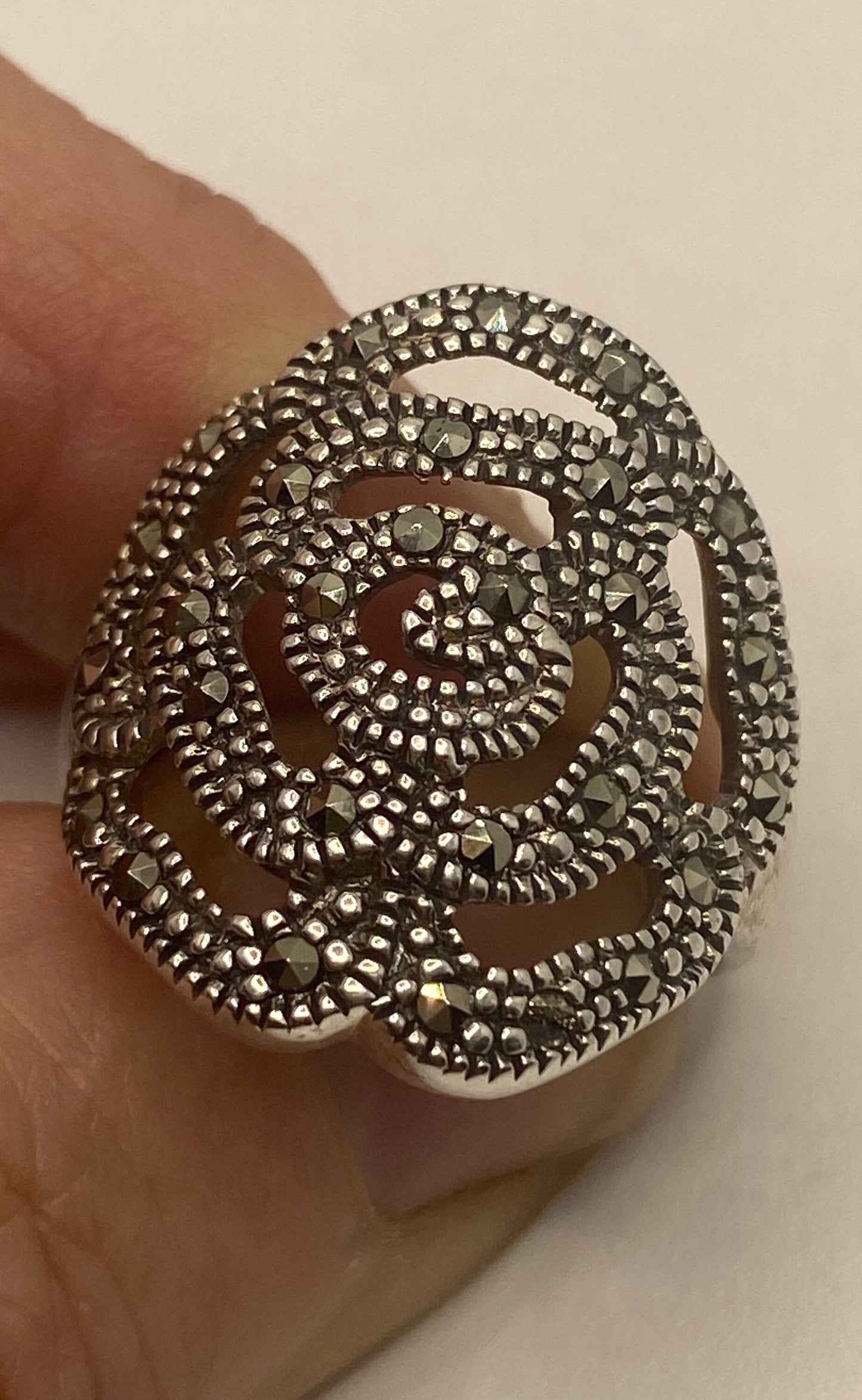 Vintage Marcasite Rose 925 Sterling Silver Ring