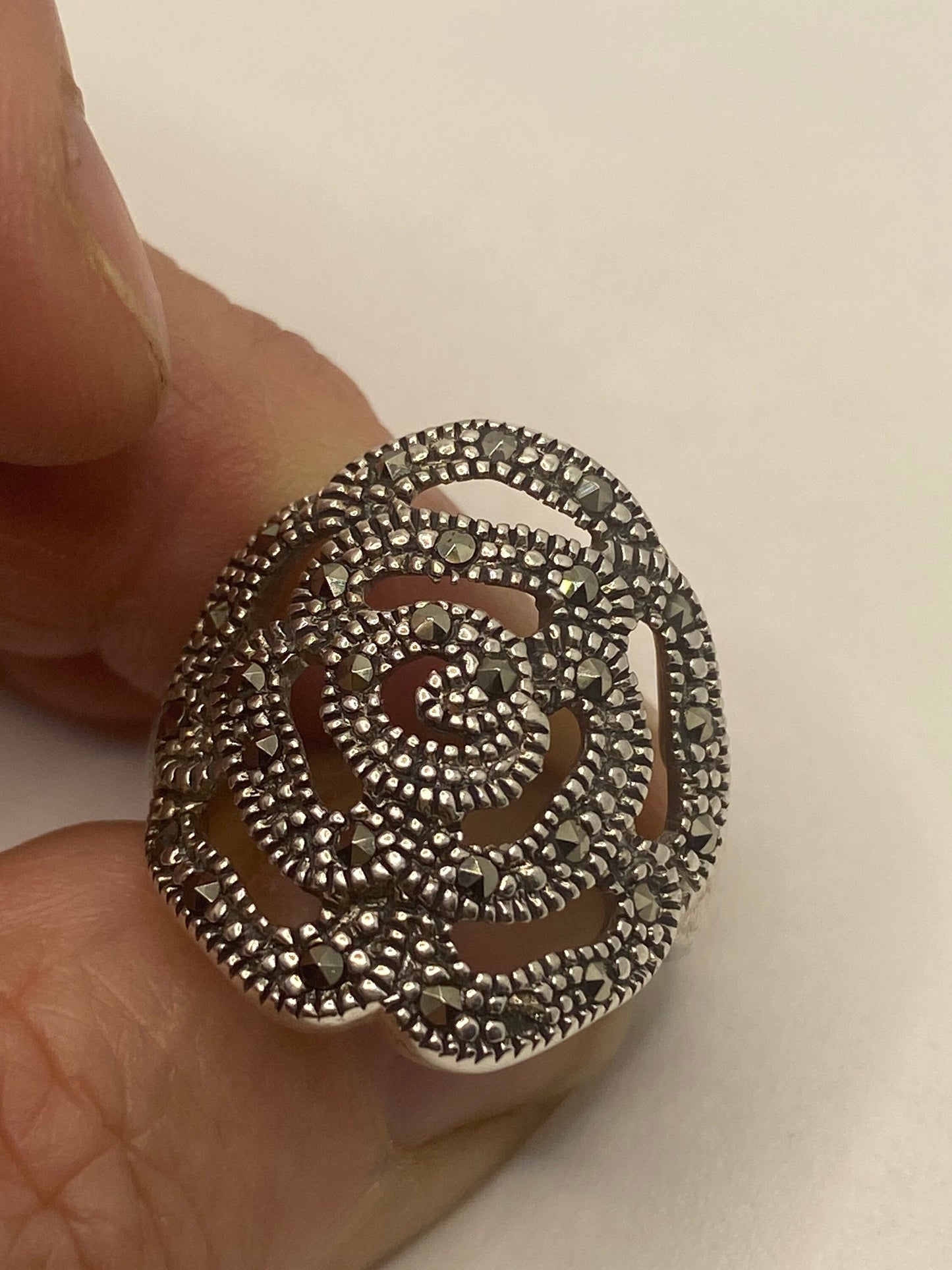 Vintage Marcasite Rose 925 Sterling Silver Ring
