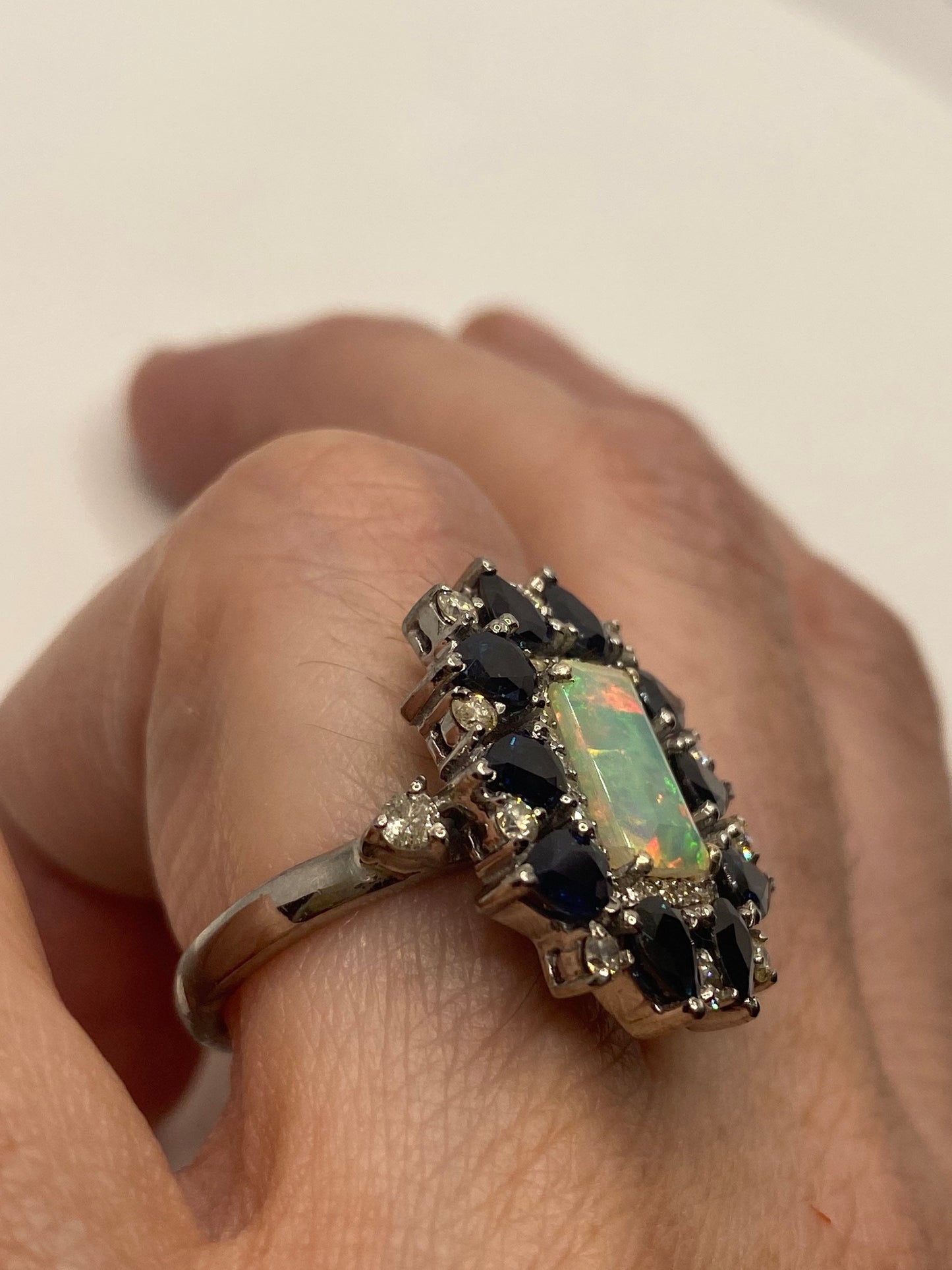 Vintage Fire Opal Sapphire Diamond Cocktail Ring 925 Sterling Silver Size 7