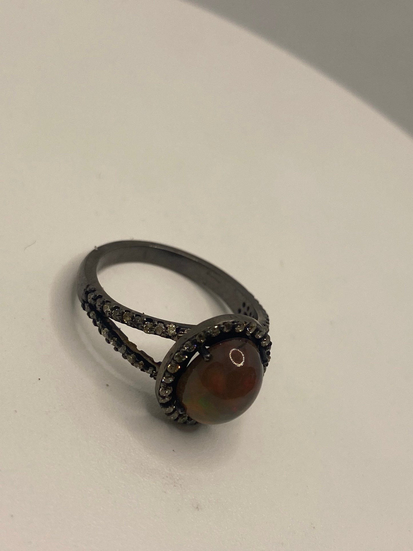 Vintage Fire Opal Sapphire Diamond Cocktail Ring 925 Sterling Silver Size 7