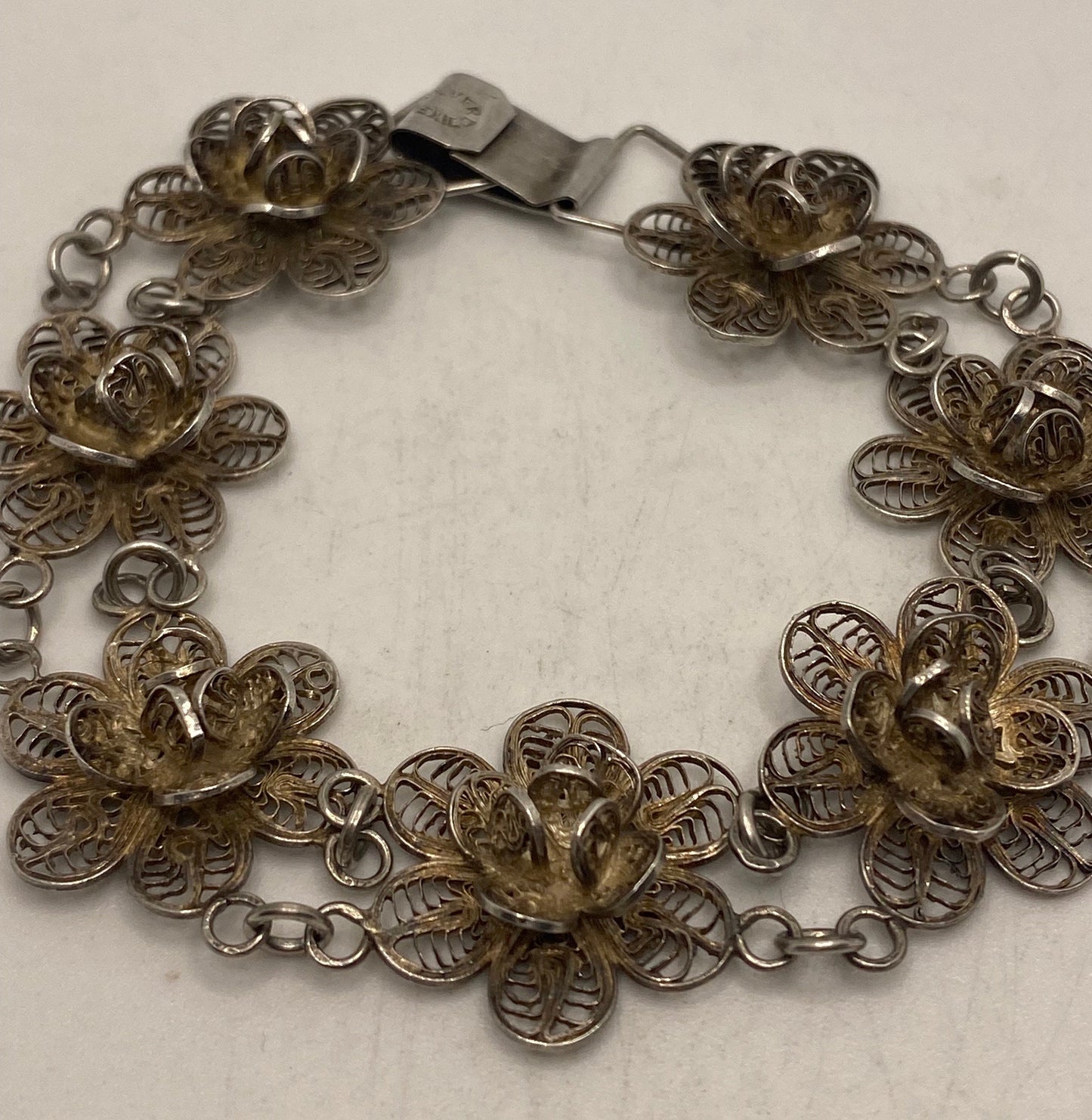 Vintage 925 Sterling Silver Filigree Flower Bracelet