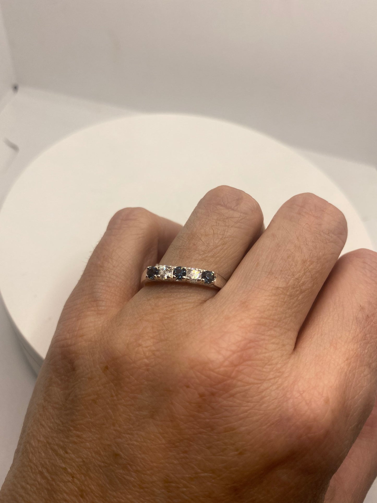 Vintage Blue and White Sapphire Band 925 Sterling Silver Ring