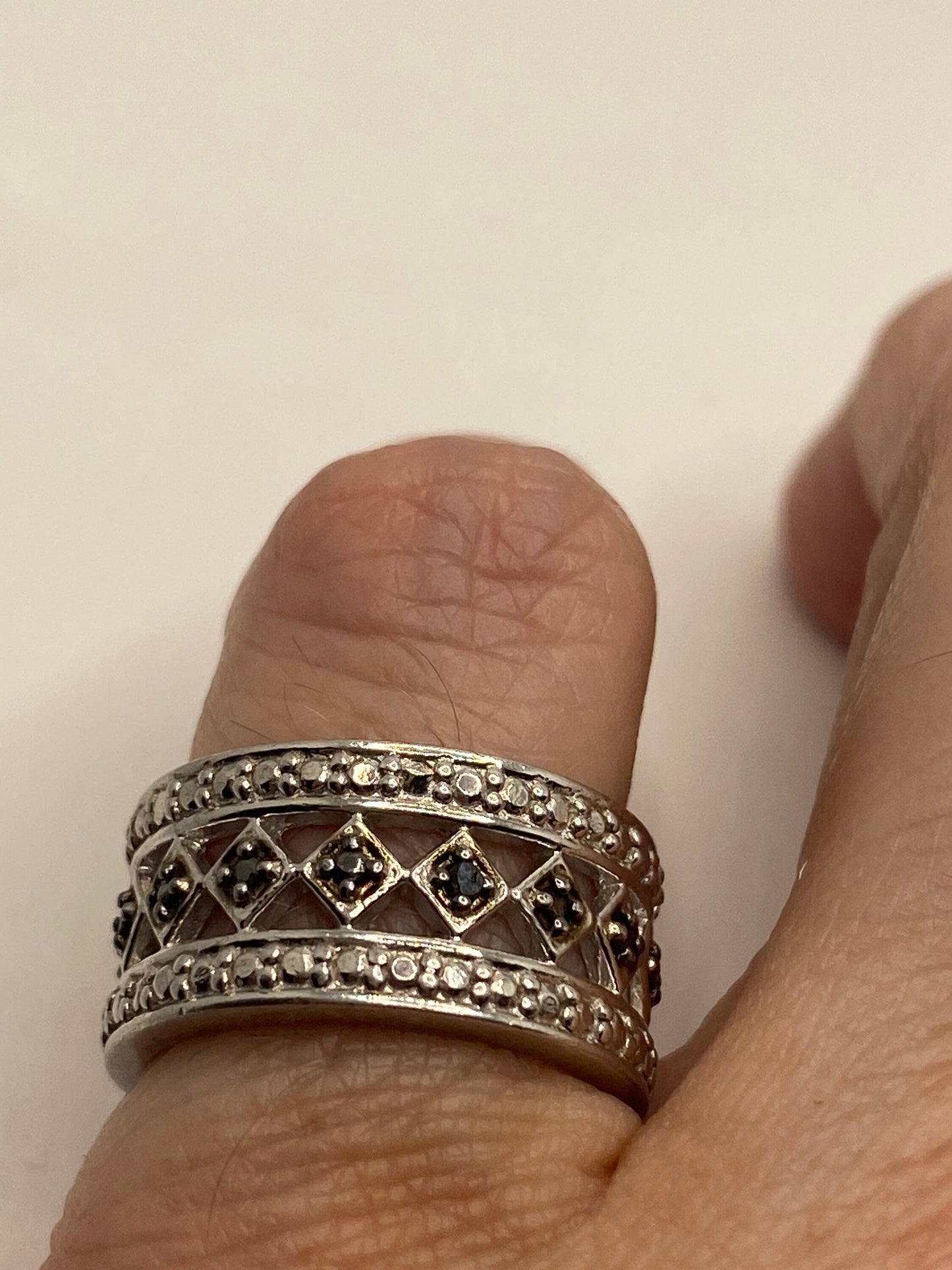 Vintage Pressed Marcasite Black Diamond 925 Sterling Silver Wedding Band Ring