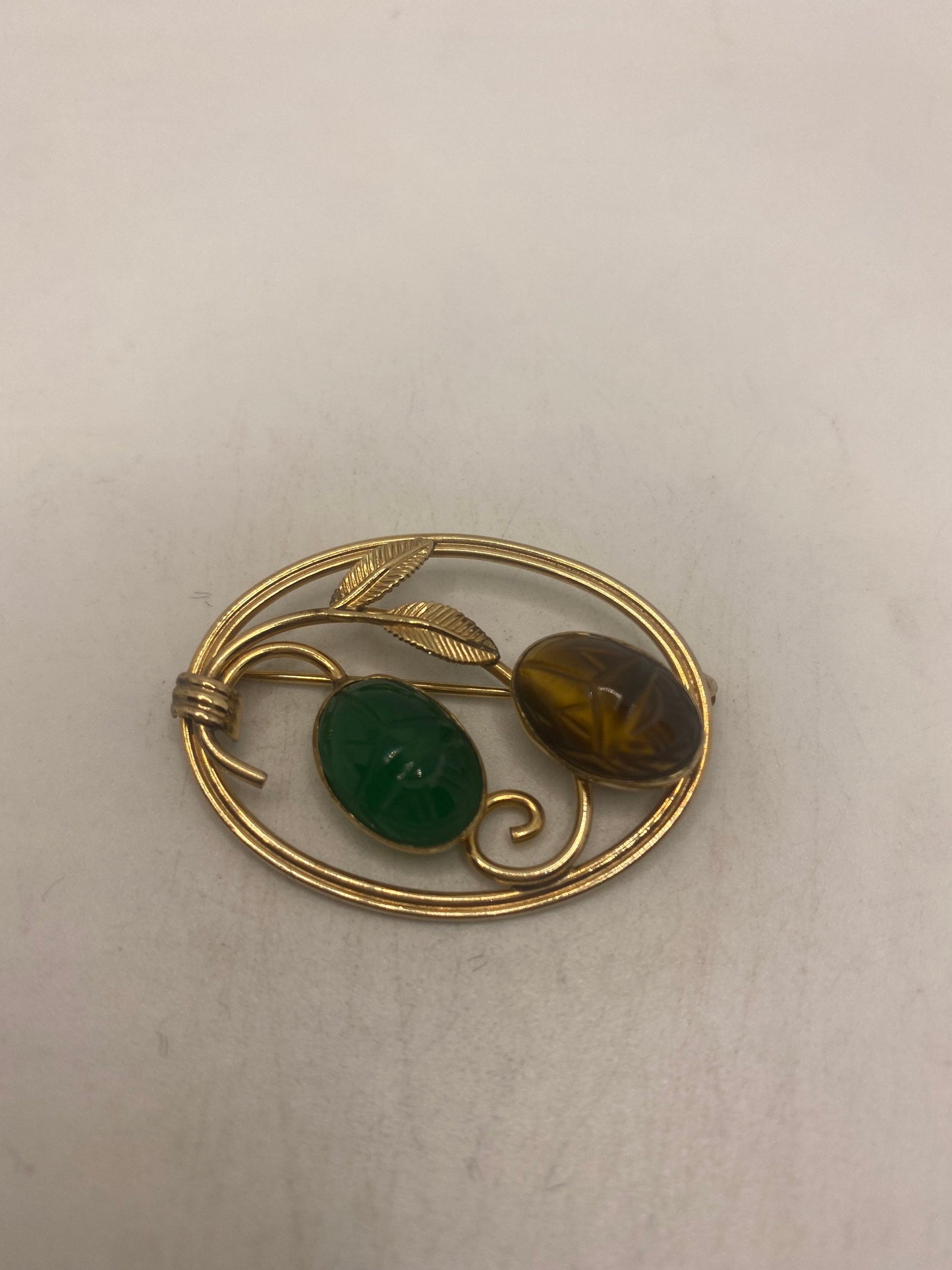 Vintage Scarab Carved Yellow Gold Filled Brooch Pin