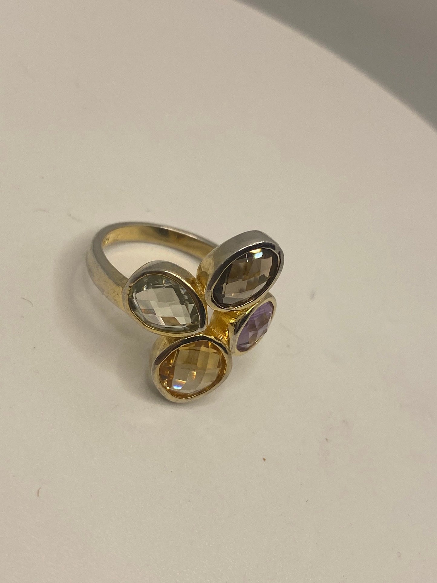 Vintage Citrine Smoky Topaz Green and Purple Amethyst 925 Sterling Silver Ring