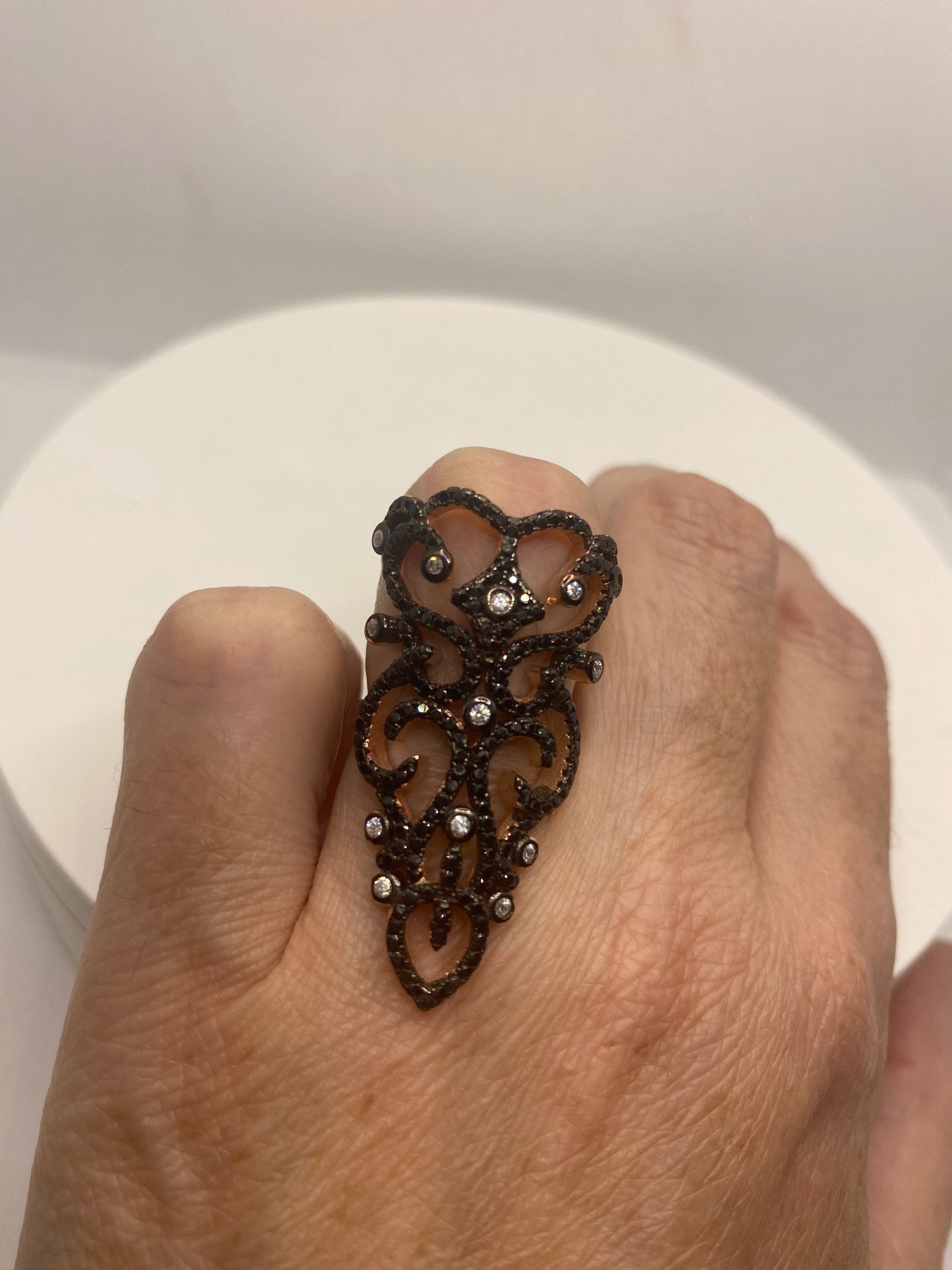 Vintage Bohemian Black Jet 925 Sterling Silver Antiqued Rose Gold Finish Ring