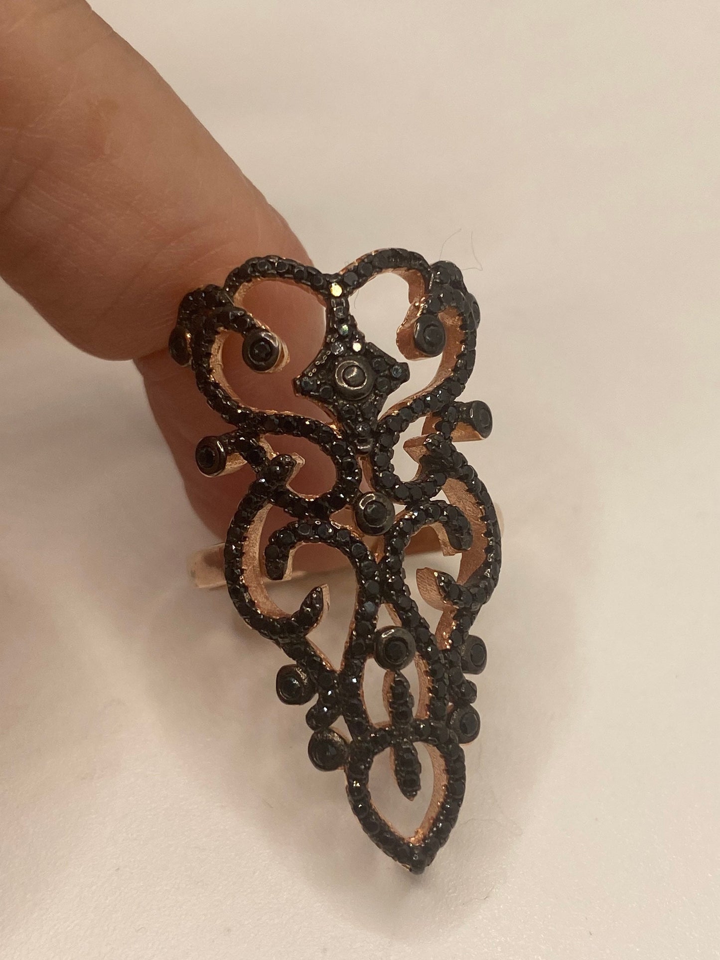 Vintage Bohemian Black Jet 925 Sterling Silver Antiqued Rose Gold Finish Ring