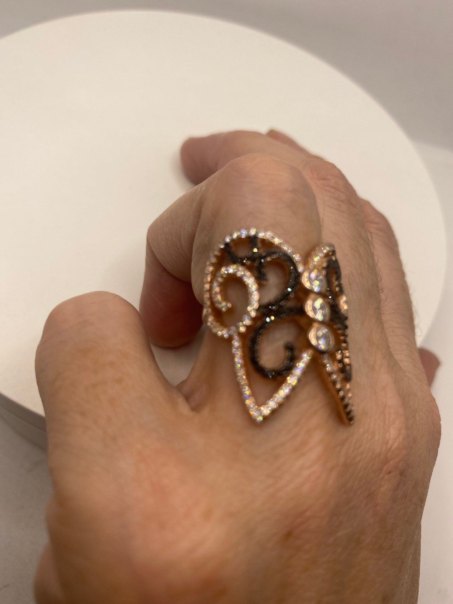 Vintage Bohemian Black Jet 925 Sterling Silver Antiqued Rose Gold Finish Ring