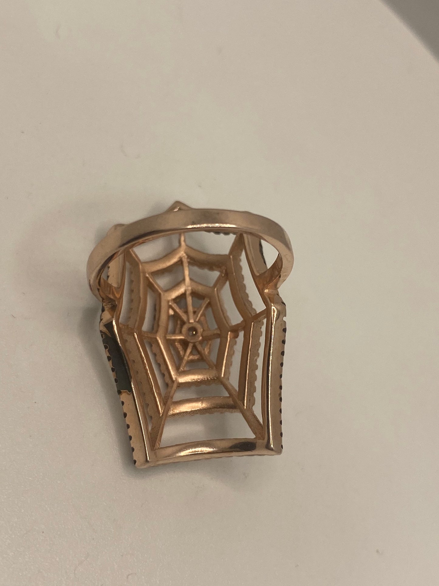 Vintage Spider Web Bohemian Black Jet 925 Sterling Silver Antiqued Rose Gold Finish Ring