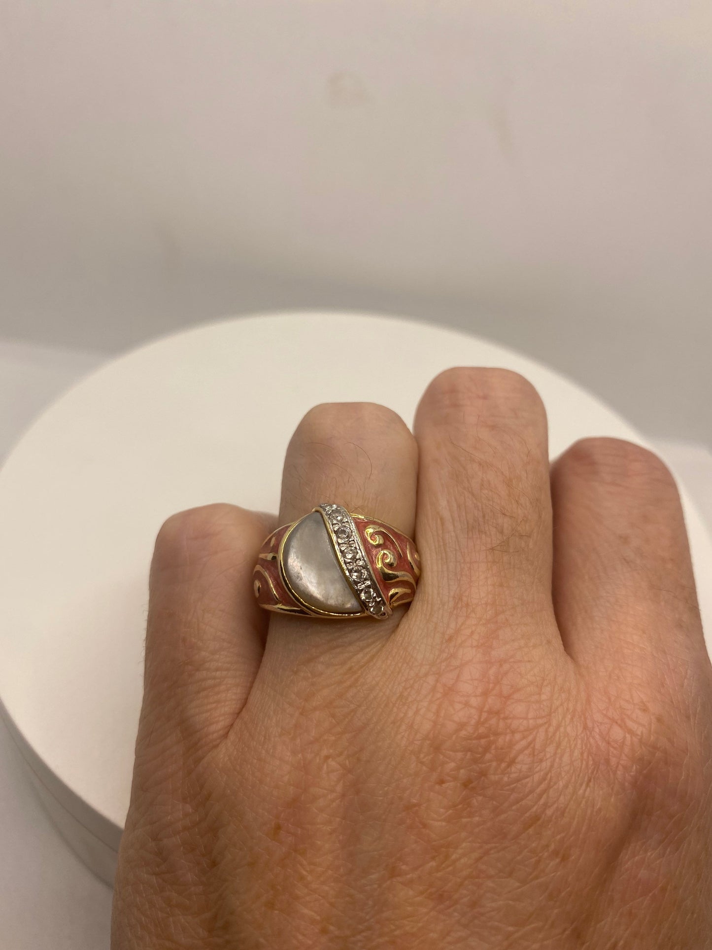 Vintage White Mother of Pearl Enamel Golden Sterling Silver Ring