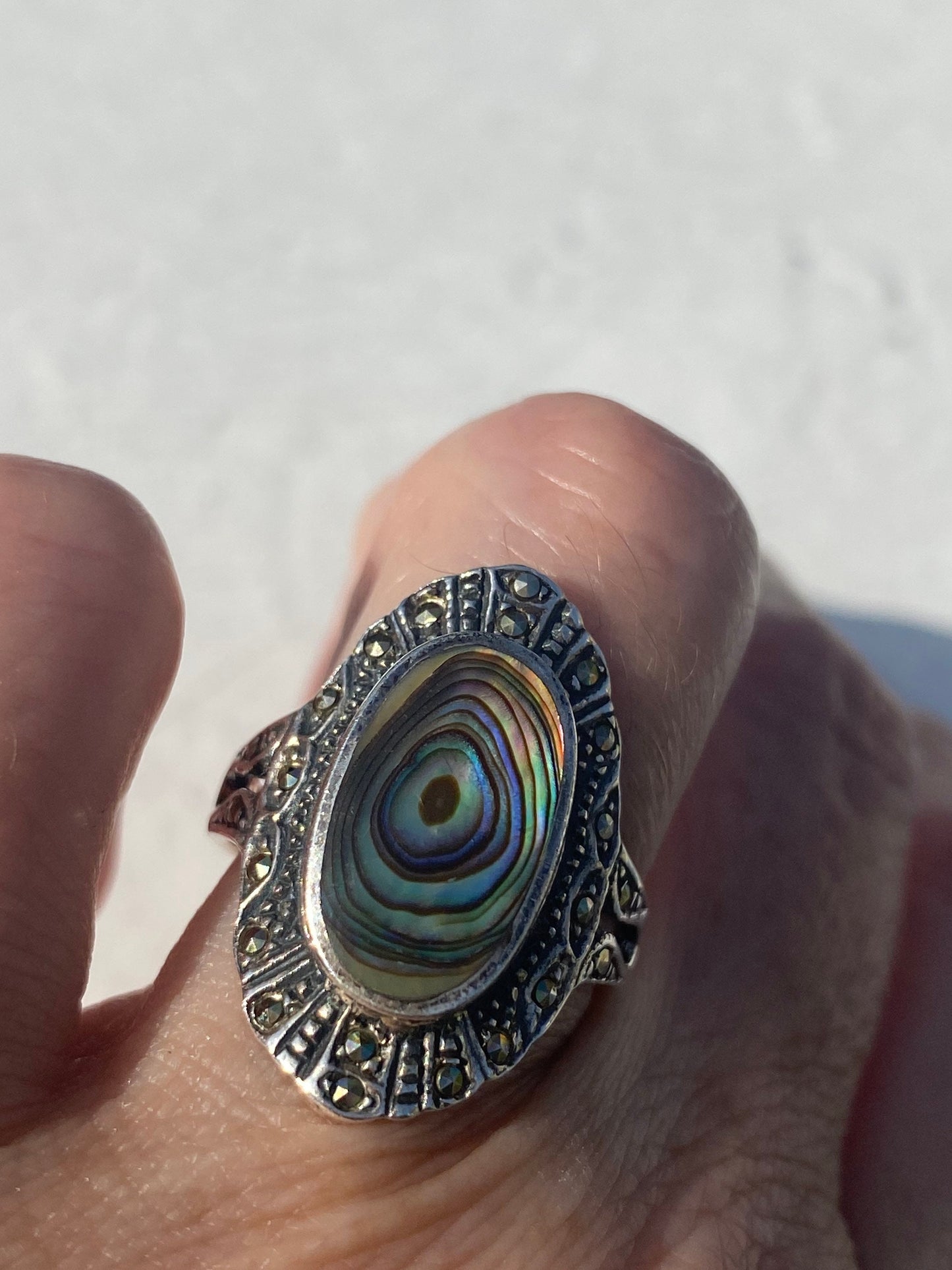 Antique Green Abalone Marcasite 925 Sterling Silver Ring
