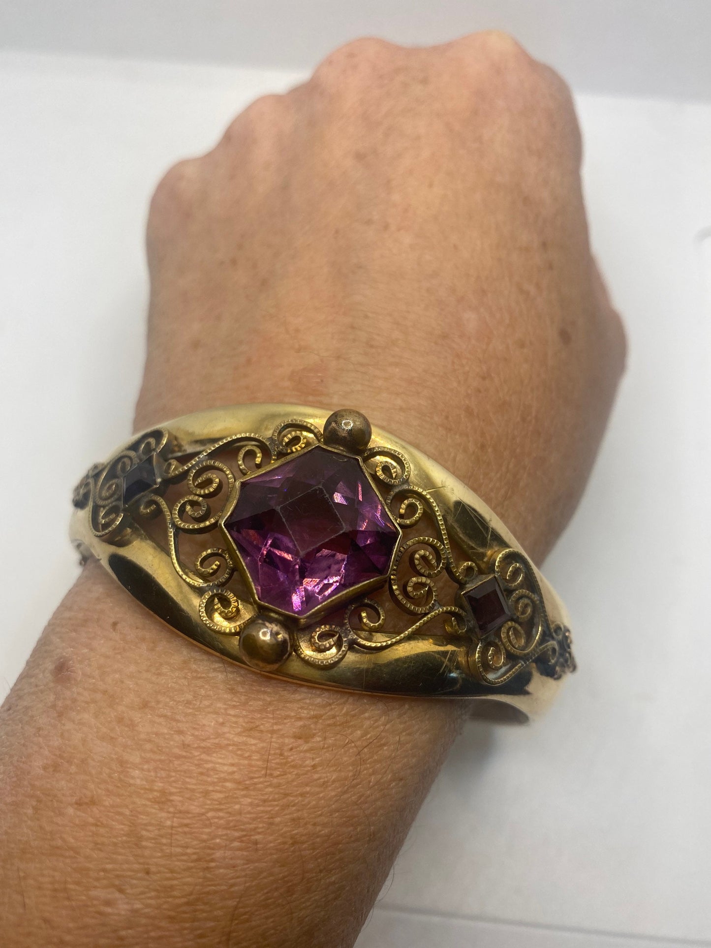 Vintage Cuff Bangle Bracelet Rose Gold Filled Amethyst Chrystal
