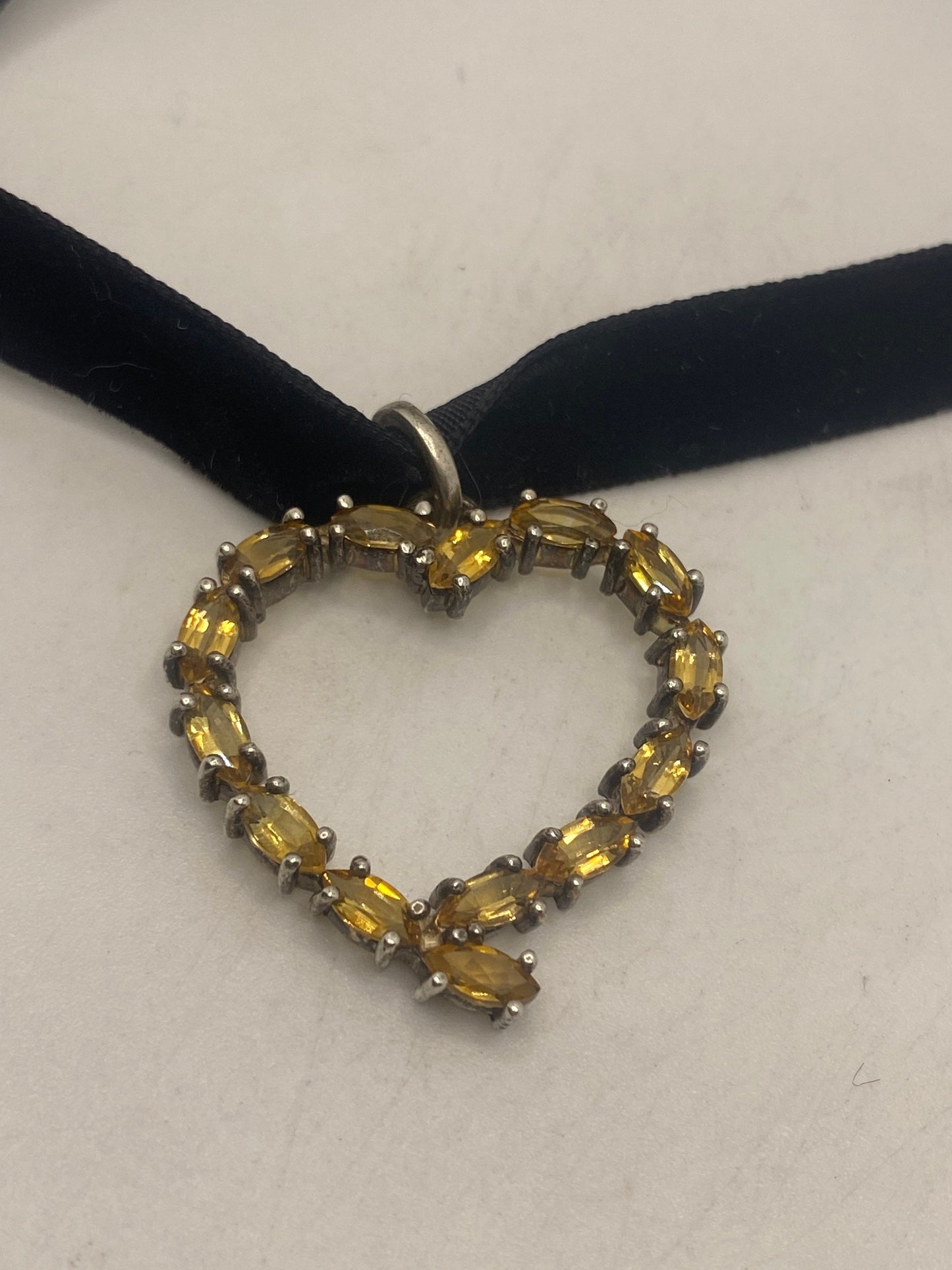 Vintage Handmade 925 Sterling Silver Genuine Citrine Antique Heart Pendant Necklace