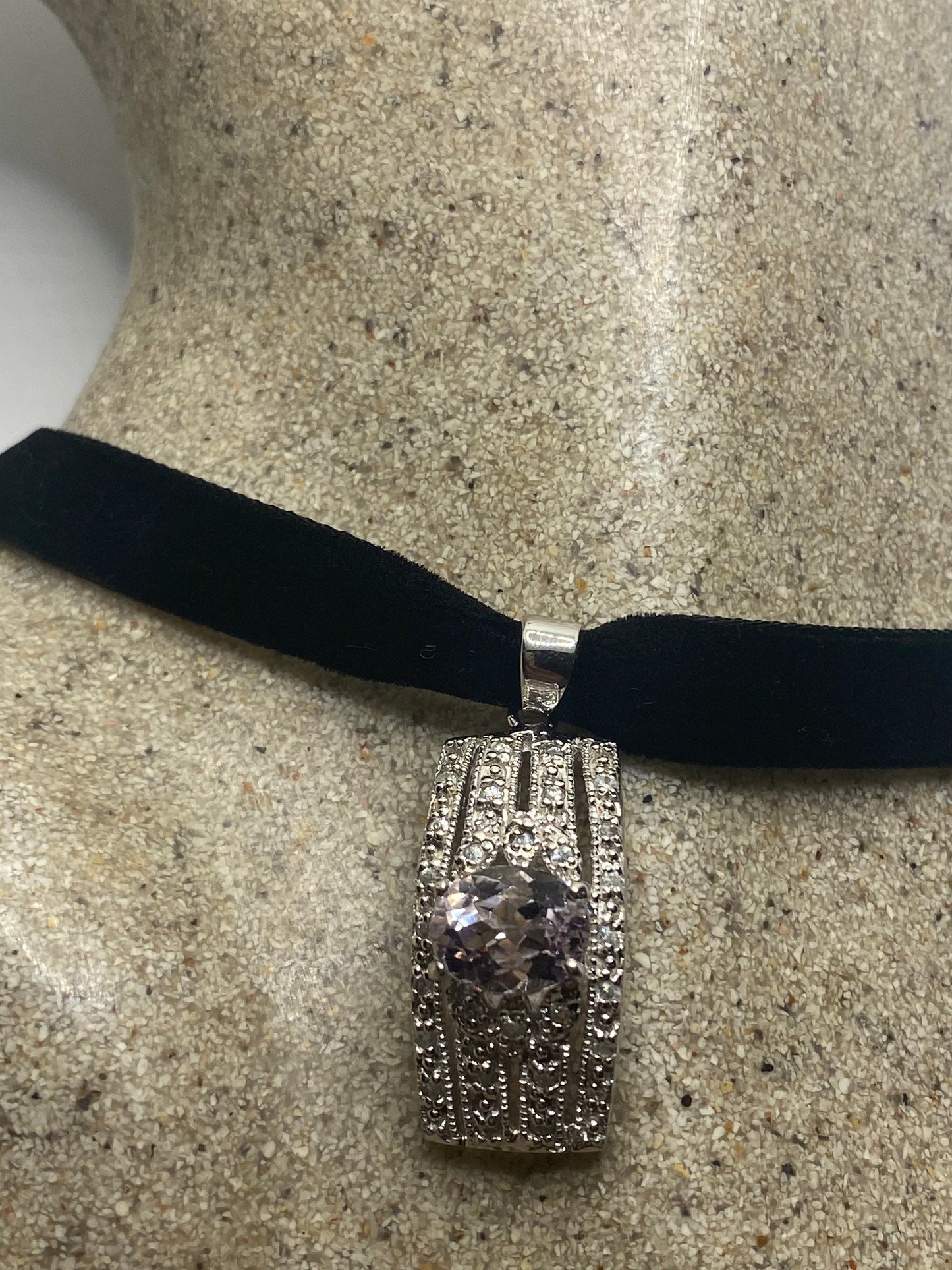 Vintage Rose Quartz Deco Choker 925 Sterling Silver Pendant Necklace