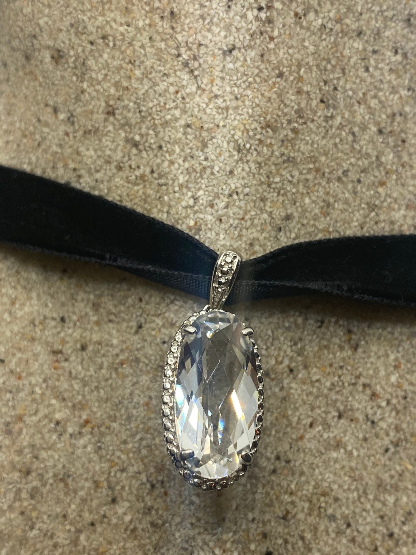 Vintage Clear Quartz Deco Choker 925 Sterling Silver Pendant Necklace