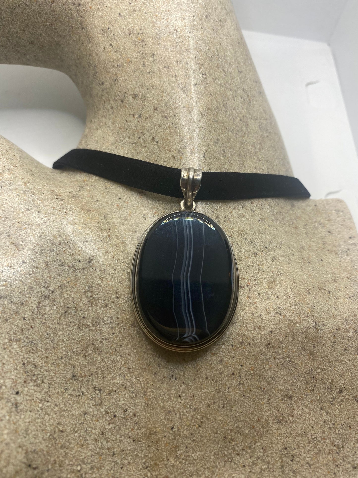 Vintage Banded Black Onyx Agate Choker Black Velvet Ribbon Pendant Necklace 925 Sterling Silver