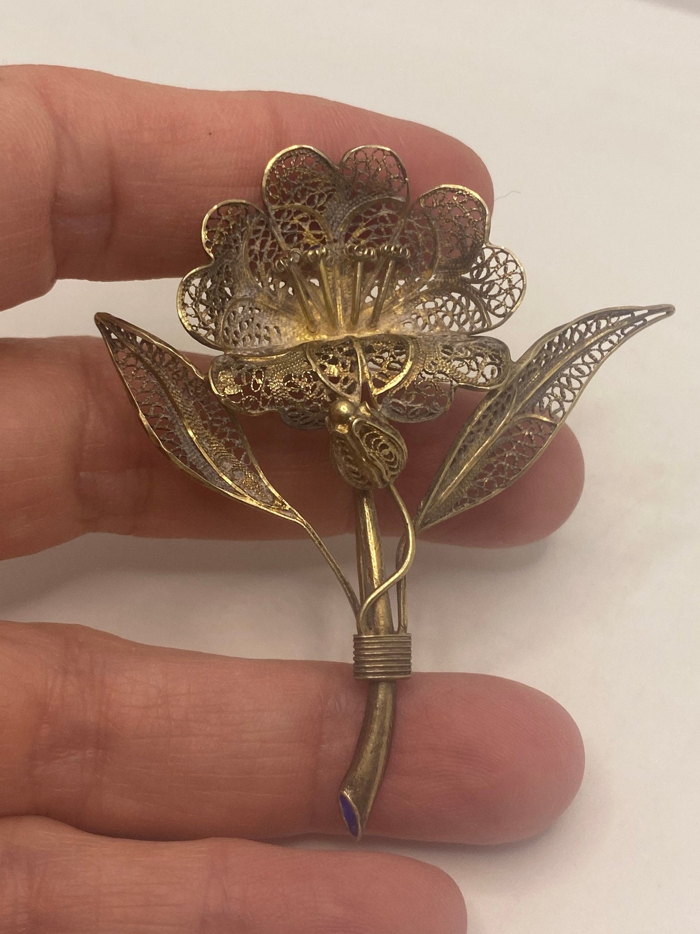 Vintage Hand Made Deco Flower 925 Sterling Silver Filigree Brooch Pin