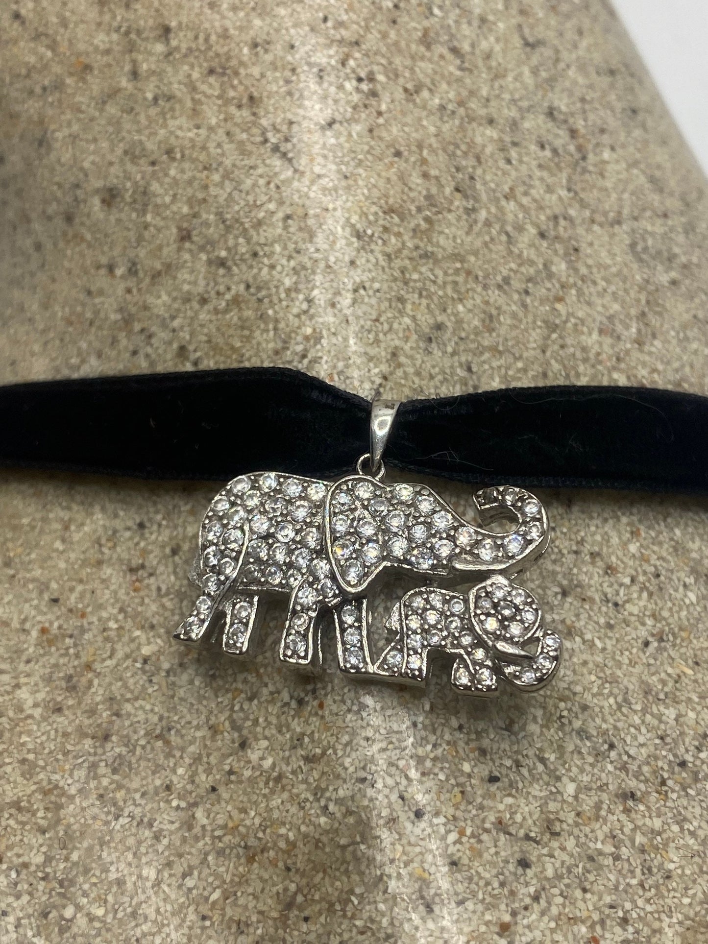 Vintage Elephant Choker 925 Sterling Silver White sapphire Pendant Necklace