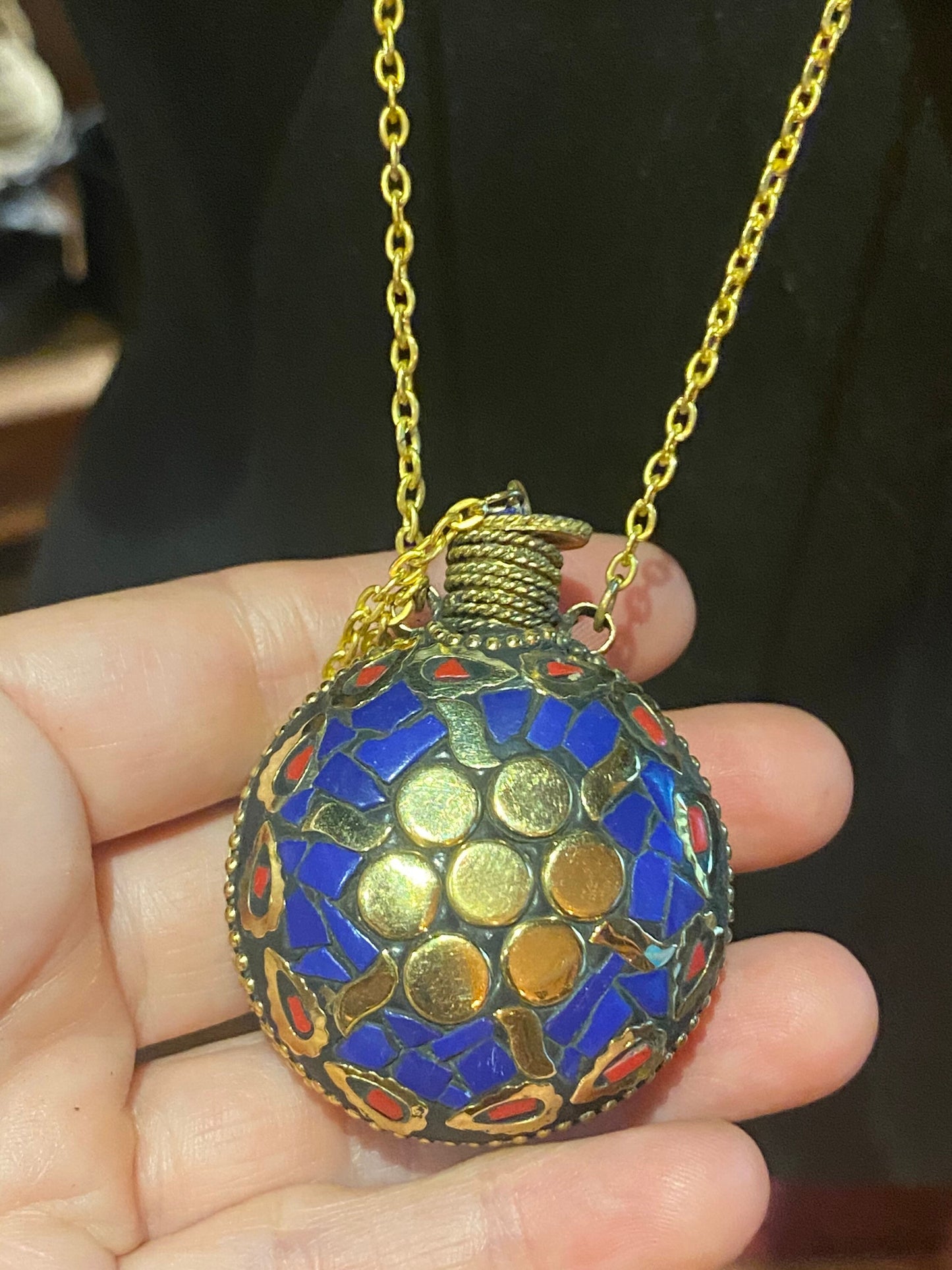 Vintage Perfume Oil Bottle mosaic Inlay Gemstone Pendant Necklace