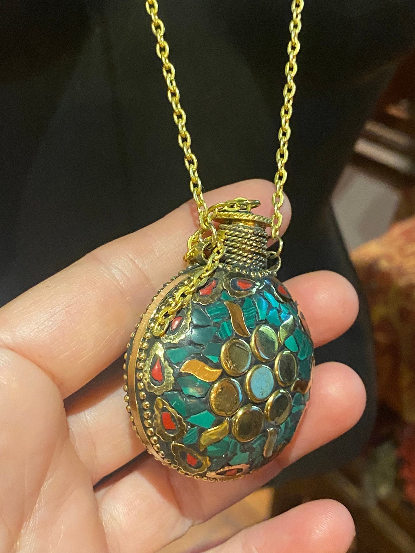 Vintage Perfume Oil Bottle mosaic Inlay Gemstone Pendant Necklace