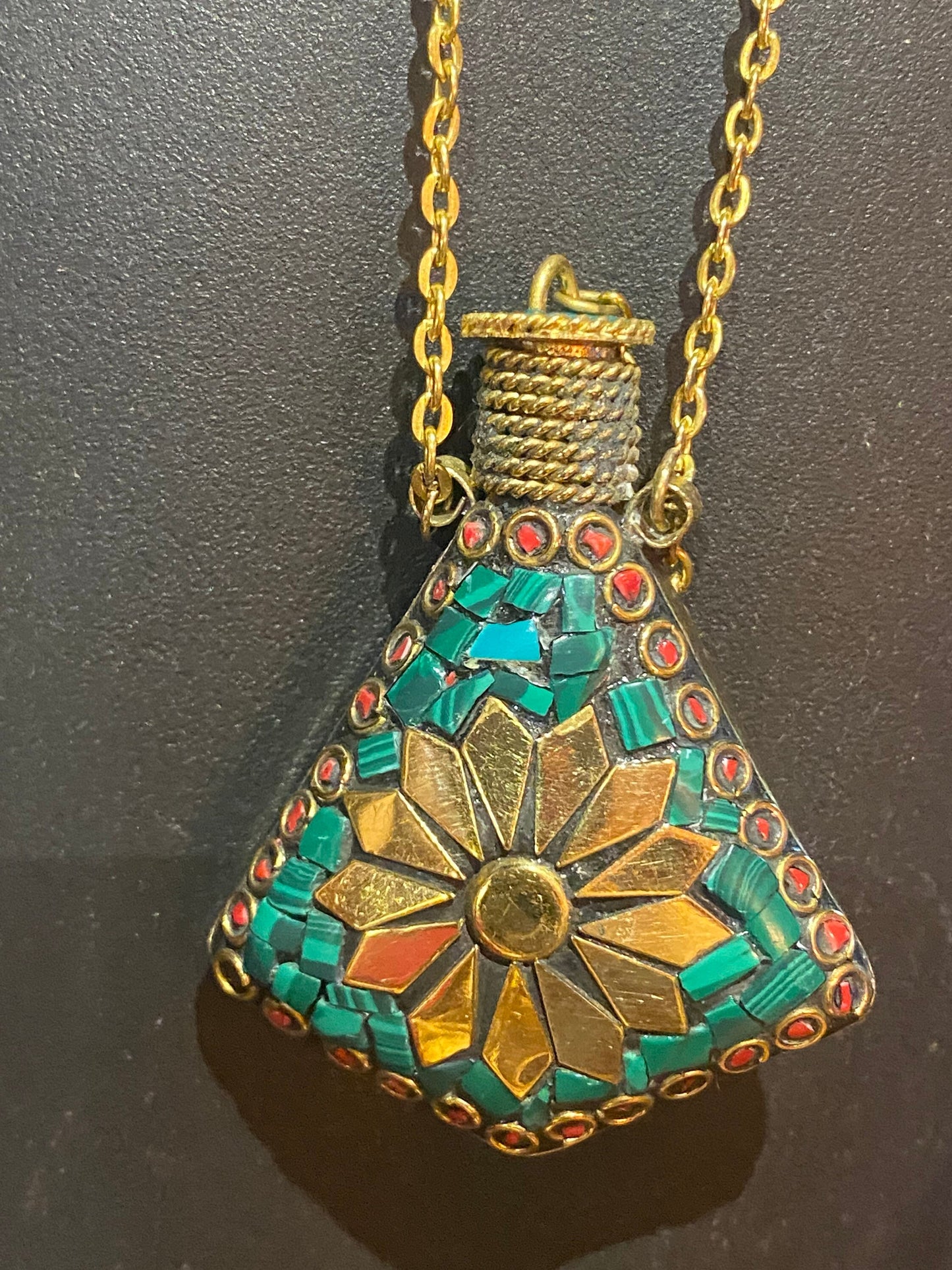 Vintage Perfume Oil Bottle mosaic Inlay Gemstone Pendant Necklace