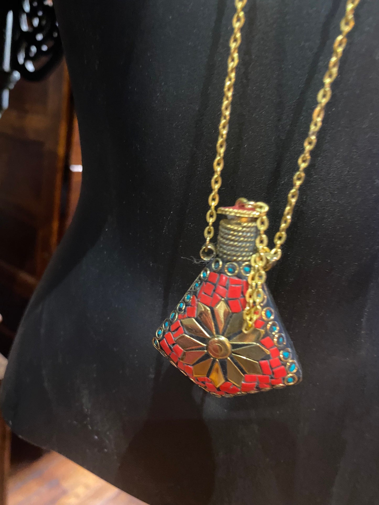 Vintage Perfume Oil Bottle mosaic Inlay Gemstone Pendant Necklace