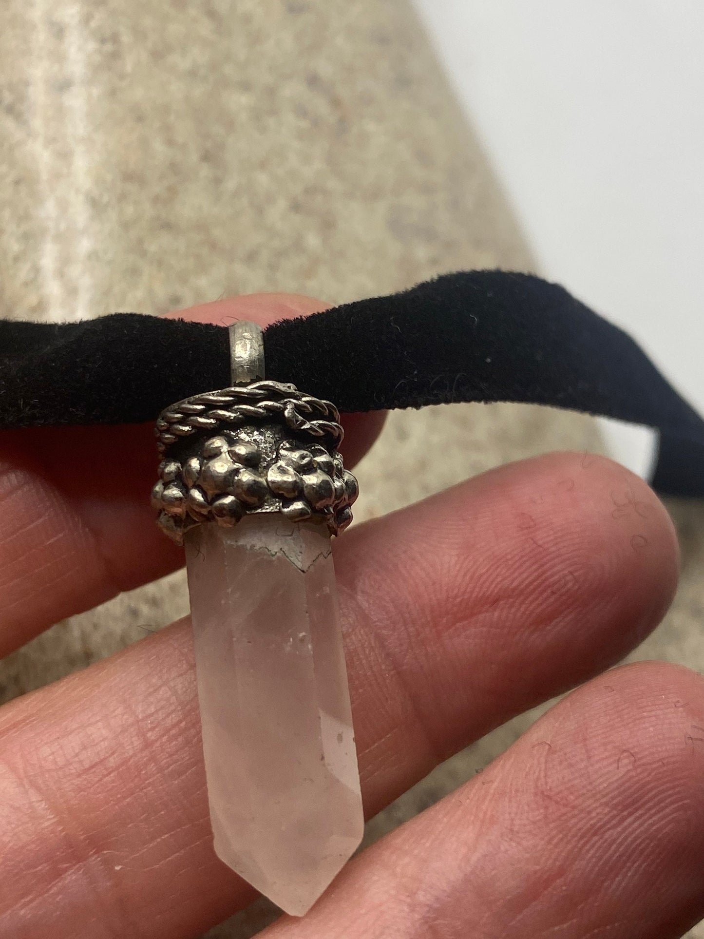 Vintage Rose Quartz Choker 925 Sterling Silver Pendant Necklace