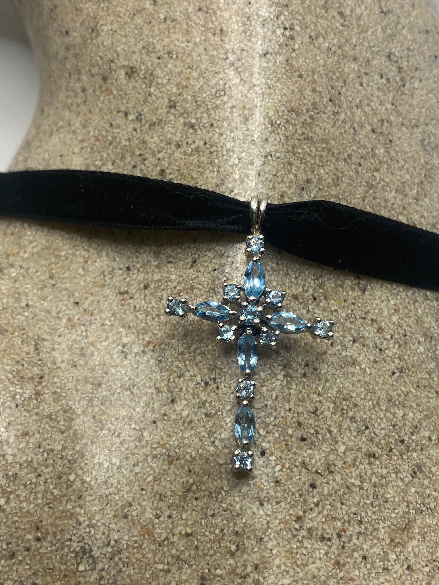 Vintage Blue Topaz Cross Choker 925 Sterling Silver Pendant Necklace