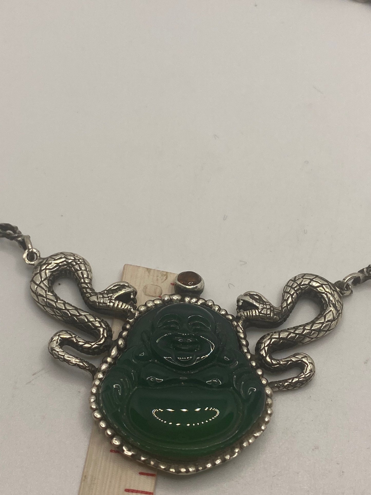 Vintage 925 Sterling Silver Green Jade Buddha Snake Pendant Choker Necklace