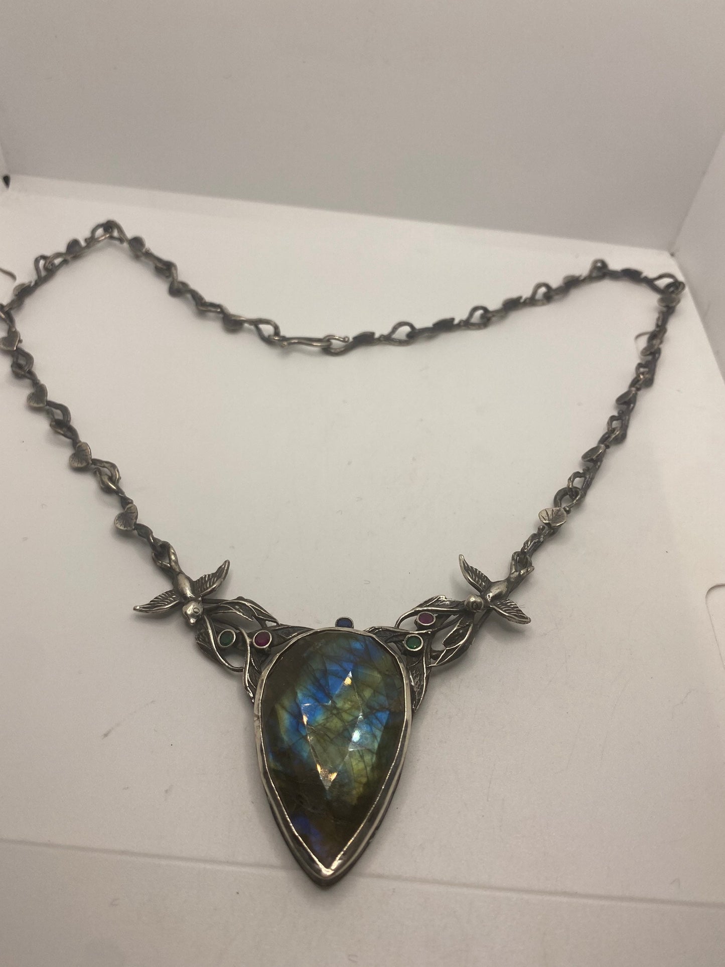Vintage 925 Sterling Silver Blue Labradorite Bird Vine Pendant Choker Necklace